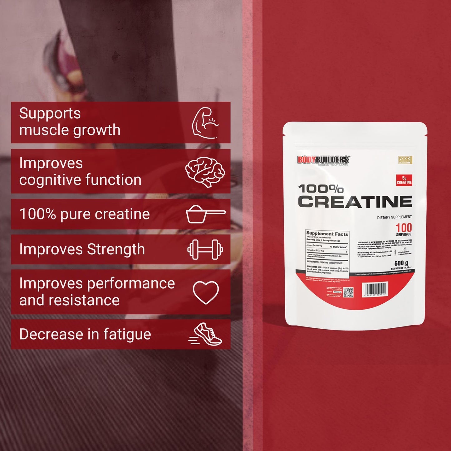 BODY BUILDERS 100% Creatine Unflavored Powder, 100 Servings