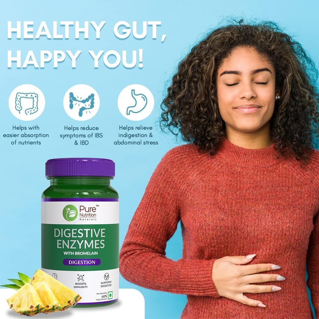 Generic Digestive Enzymes 665mg (Amylase, Lipase, Protease, Cellulase, Lactase) with Bromelain, Veg Capsules, 60 Count
