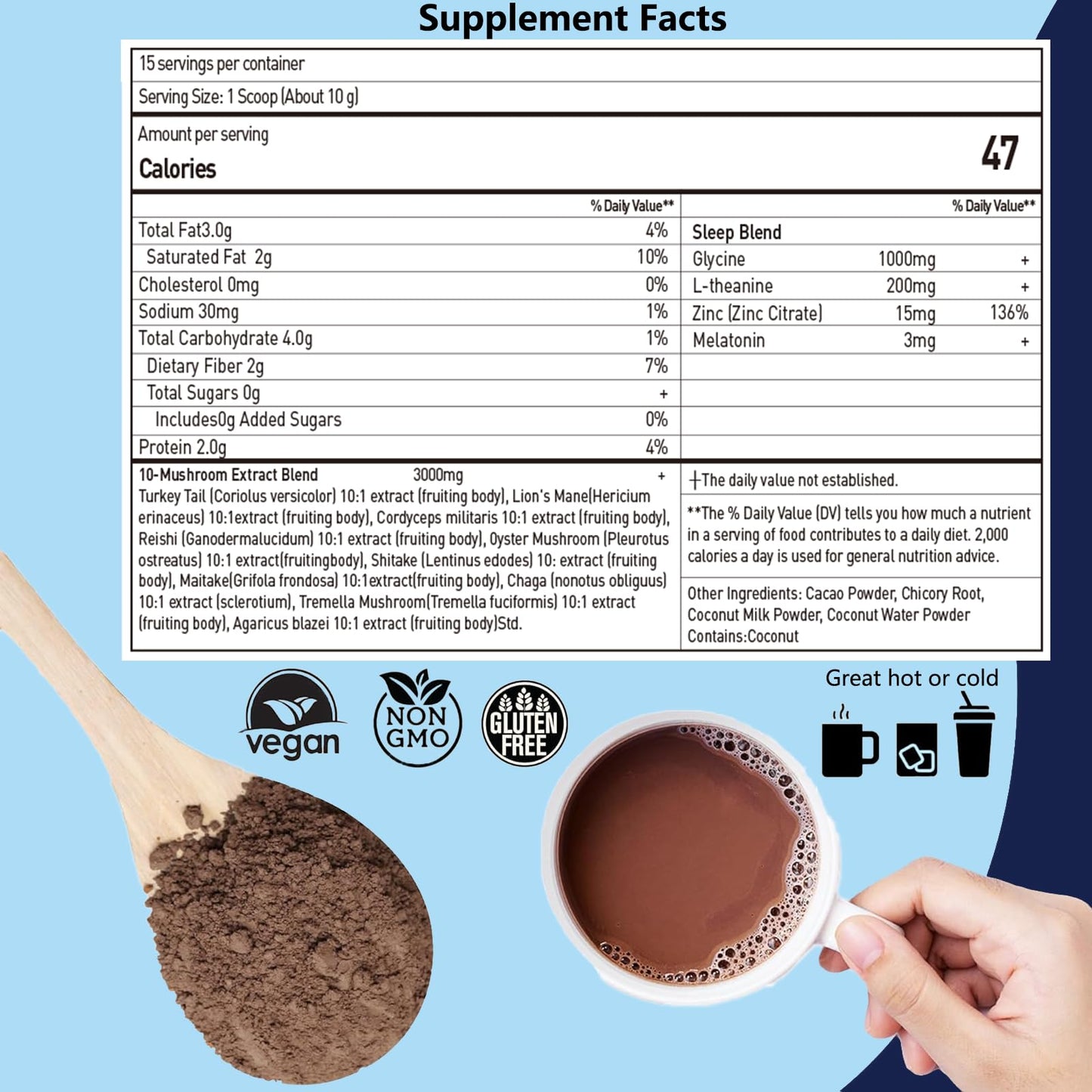 Suiyilary 10 Mushroom Hot Cocoa Powder With Melatonin, 5.3 Ounce, 15 Servings