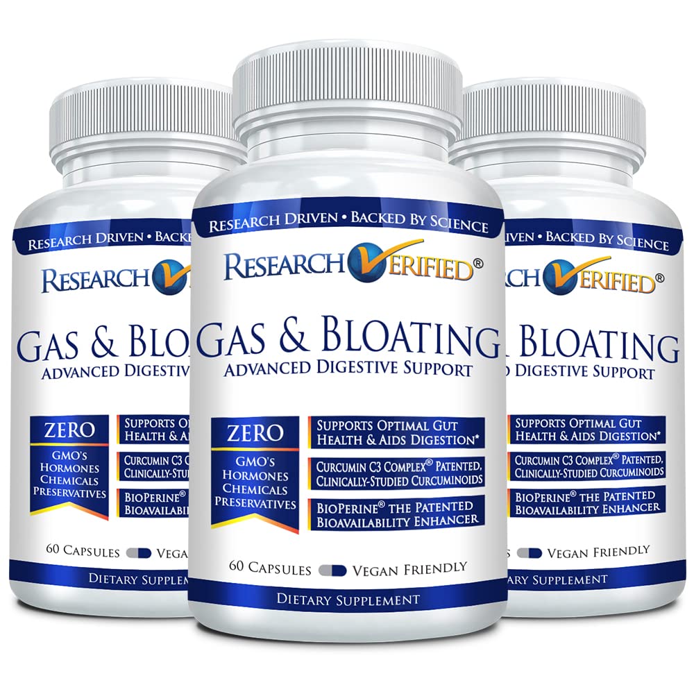 Research Verified Gas and Bloating - Relax Intestinal Muscles, Eliminate Gas Buildup, Artichoke, Ginger & Peppermint Leaf Powder Capsules, 60 Capsules (Pack of 3), Vegan