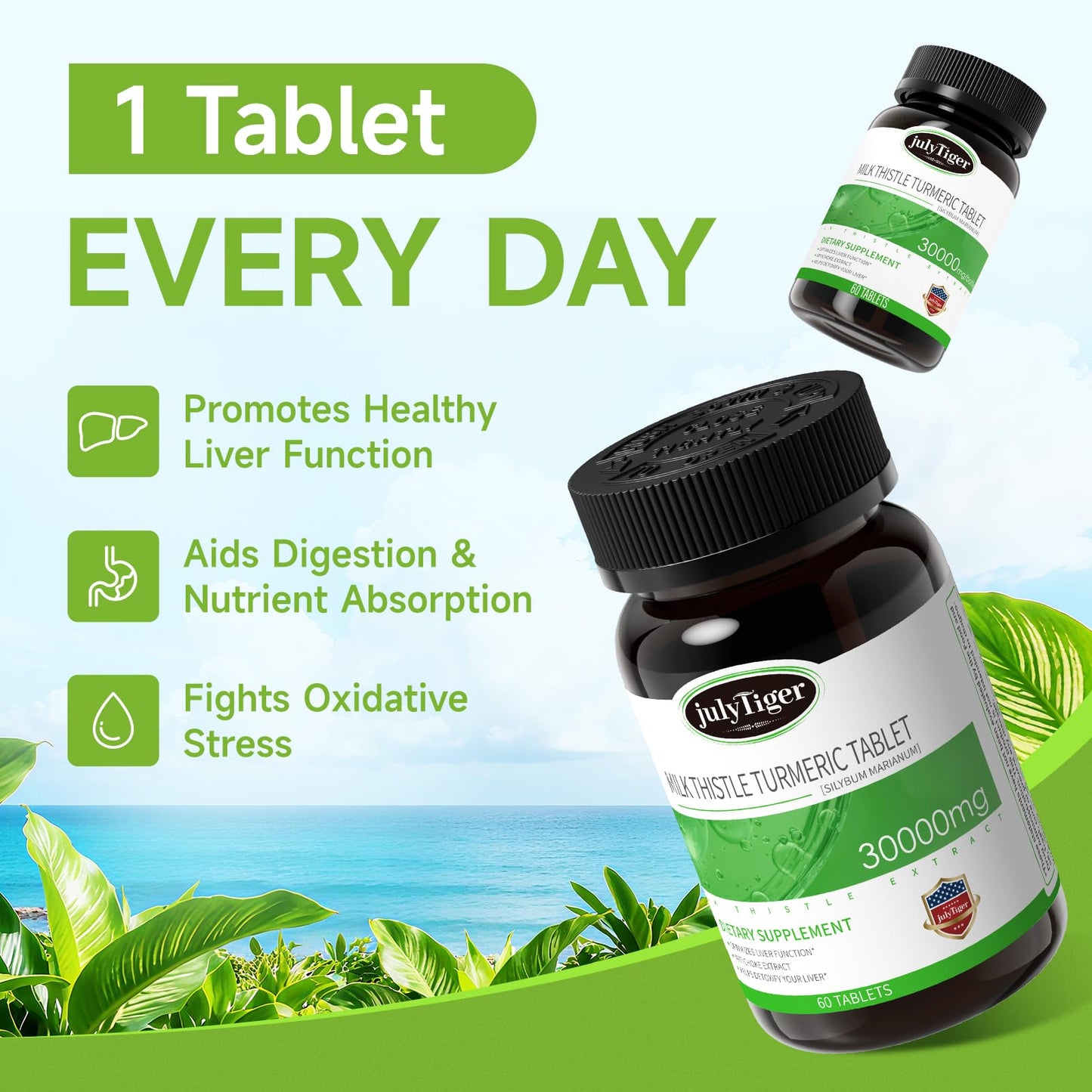 julytiegr Milk Thistle Liver Detox 500mg Extract with Rhizoma Curcumae Longae, Artichoke Extract and Inositol, Liver Cleanse Detox & Repair, 60 Tablets