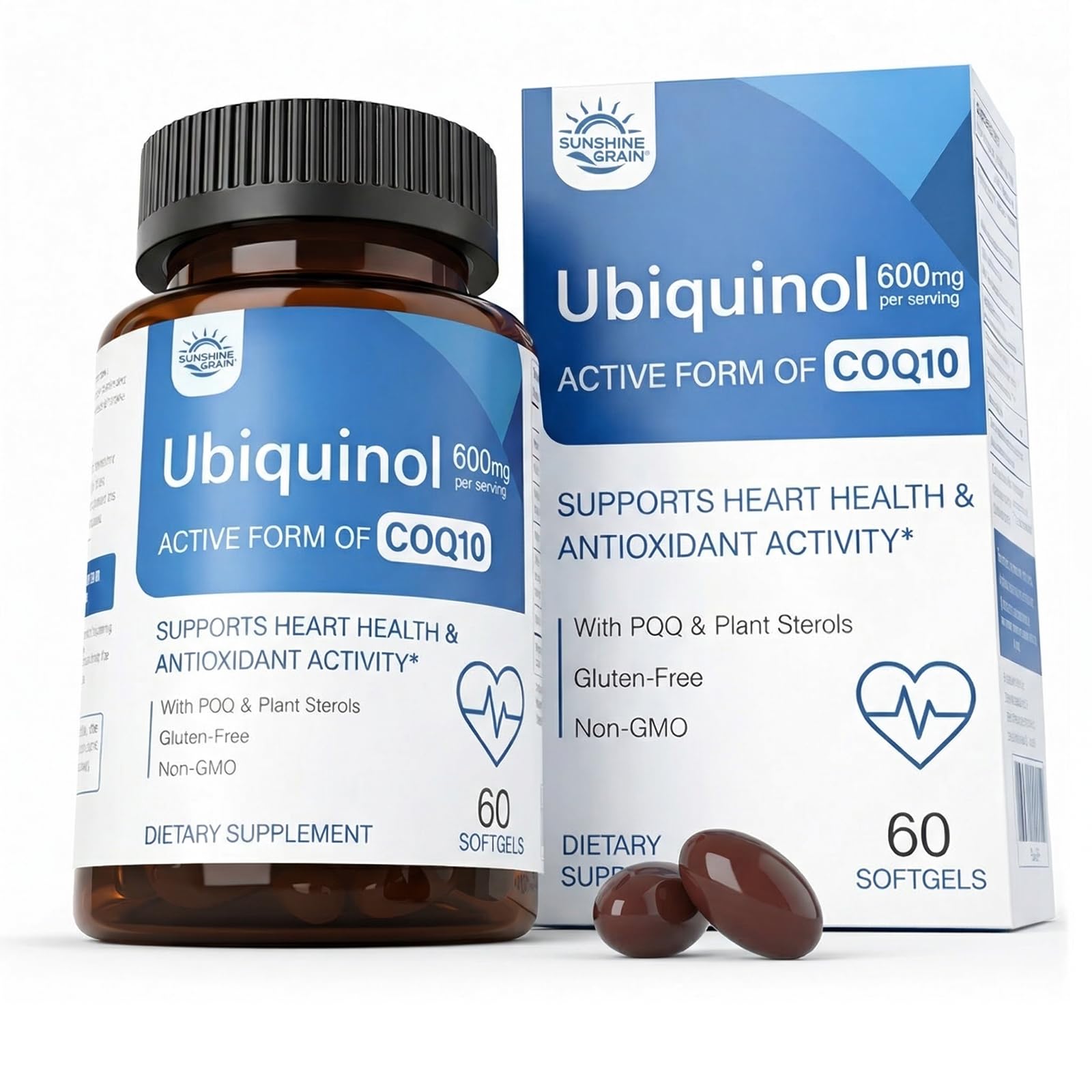 Sunshine & Rain Ubiquinol CoQ10 600mg with PQQ, Vitamin E & Plant Sterols – High Absorption Formula with Black Pepper & Sunflower Lecithin – Heart Health, Energy Production & Antioxidant Support Softgels 60