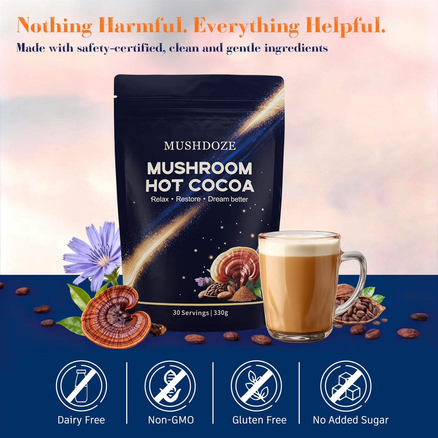 Mushdoze Mushroom Hot Cocoa Melatonin Sleep Support Powder, 11.6 oz