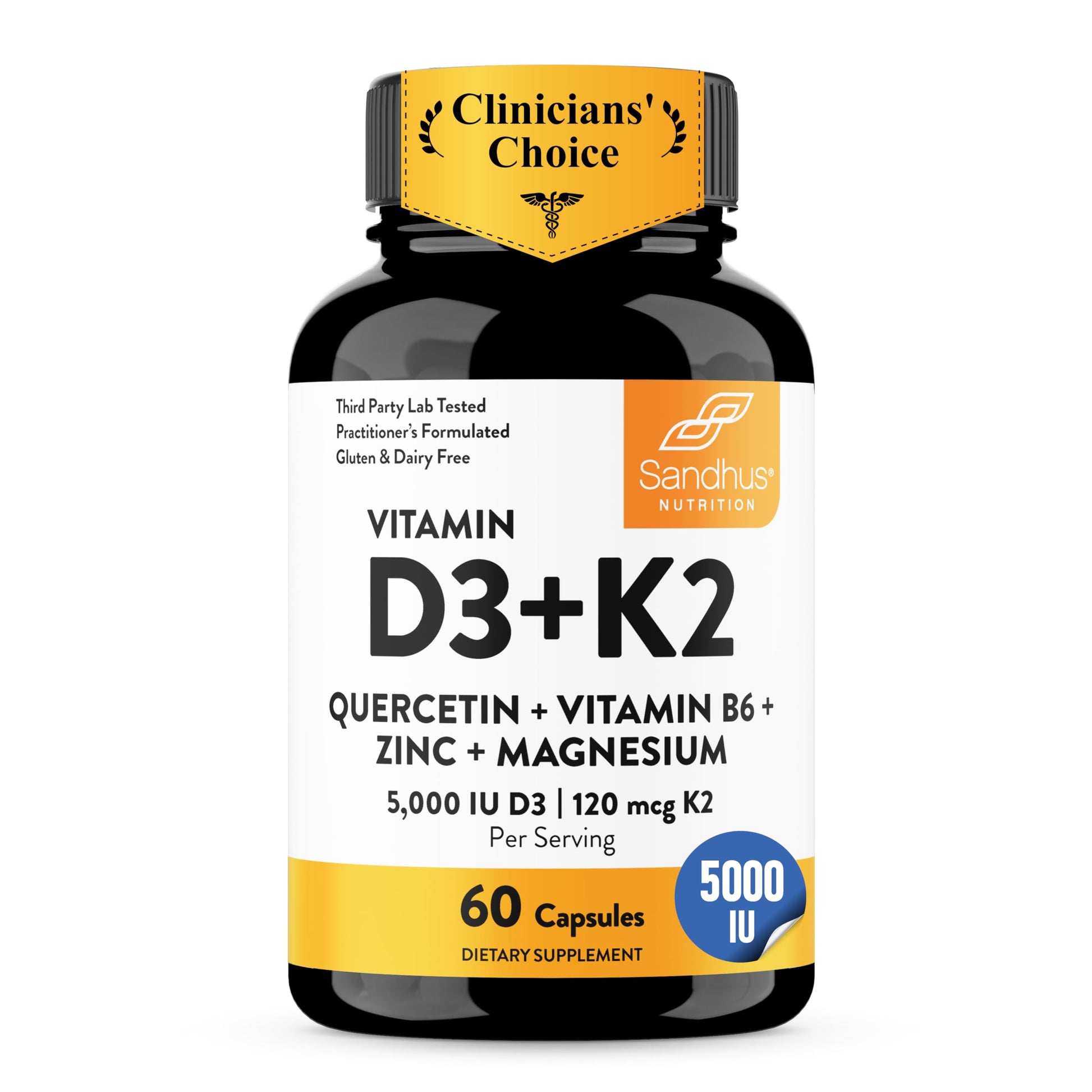 Sandhu's Vitamin D3 K2 5000 IU 120mcg Magnesium Zinc B6 Quercetin Capsules, 60 Count