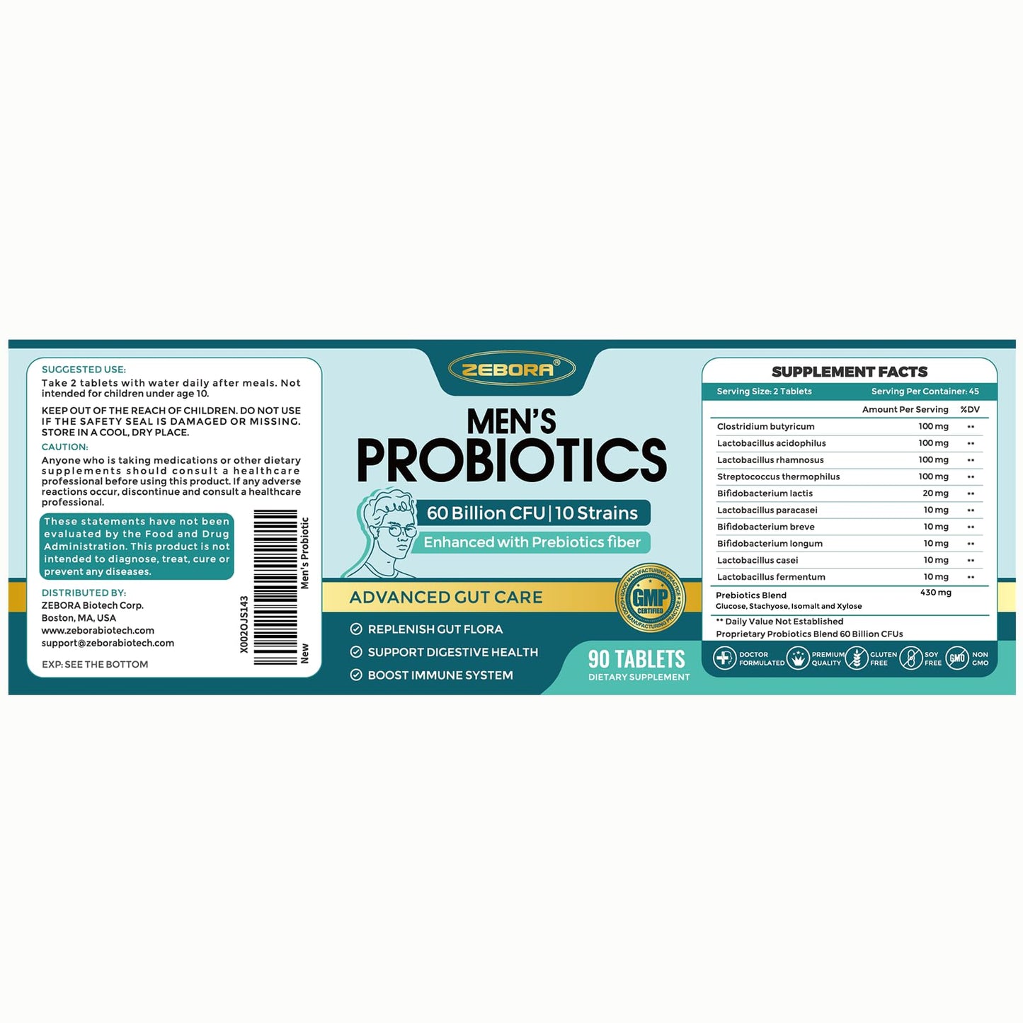 ZEBORA Probiotics for Men Digestive Health 60 Billion CFU Tablet, 90 Count