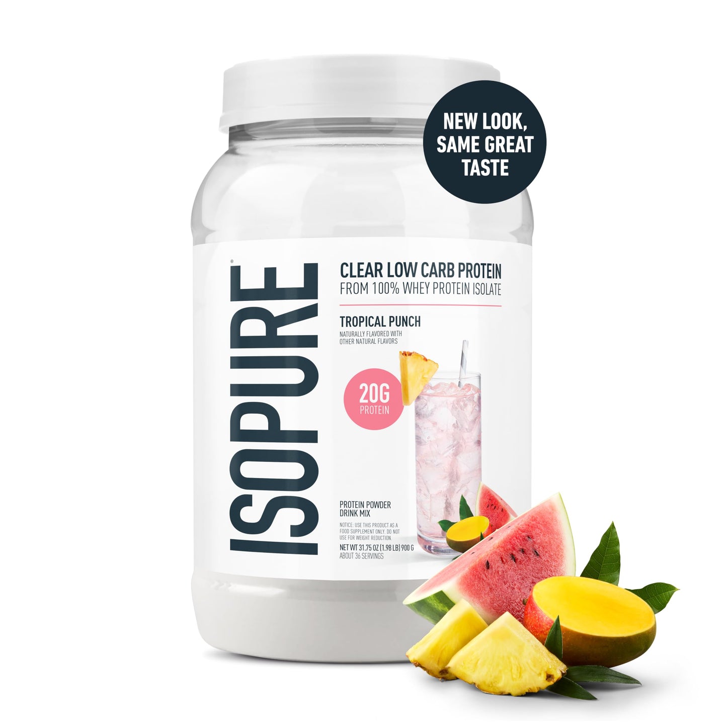Isopure Clear Whey Isolate Protein Powder, 36 Servings, Tropical Punch, Lactose Free, Gluten Free, Naturally Flavored