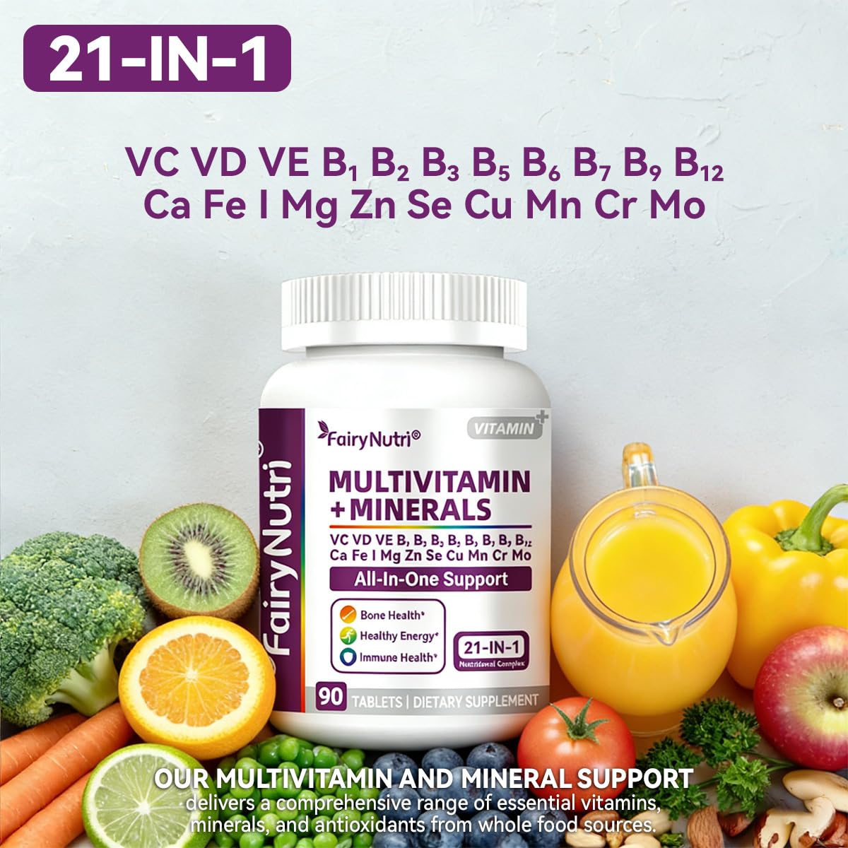Fairynutri Multivitamin + Minerals, 21-in-1 Nutritional Complex All-in-One Support, 90 Tablets