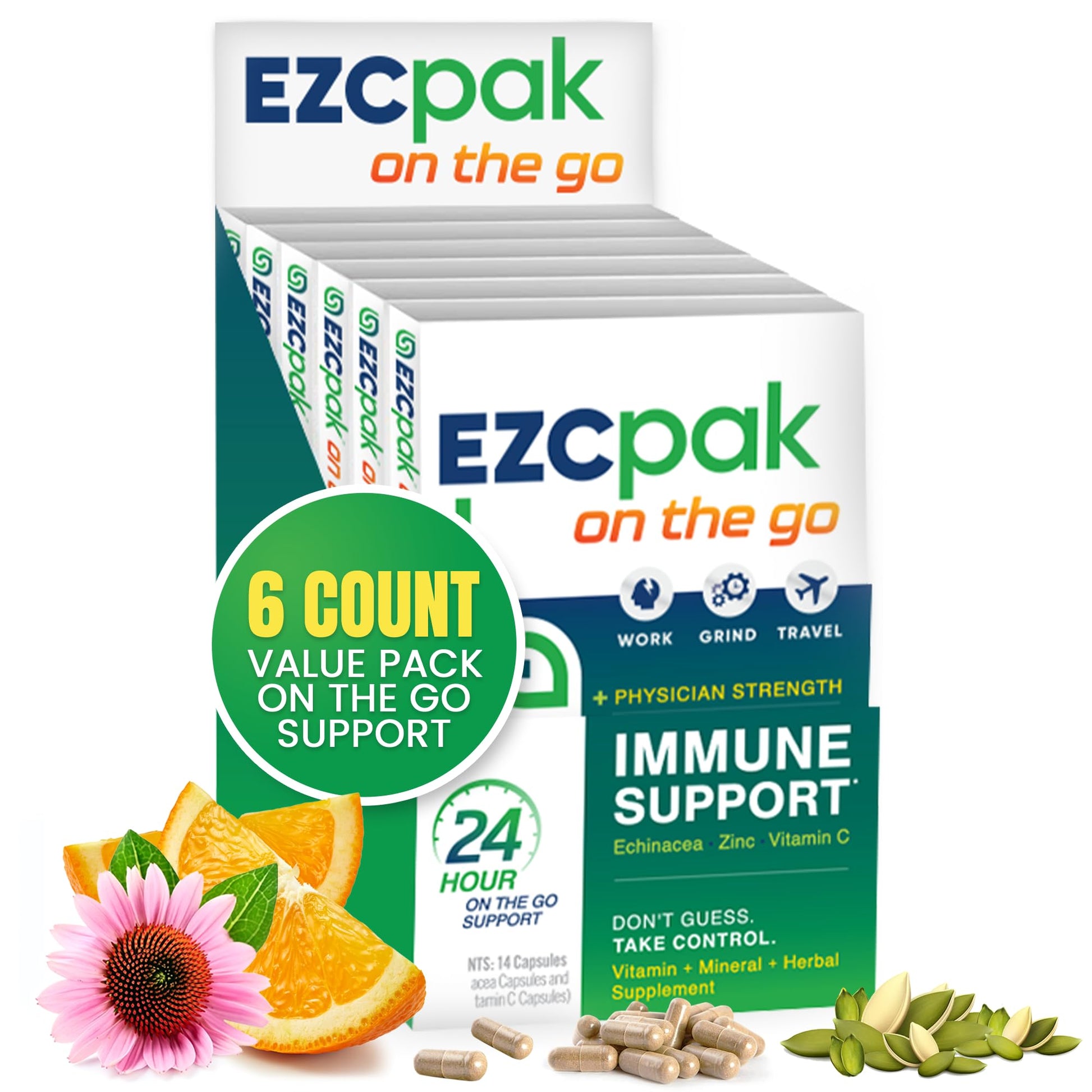 EZC Pak On The Go Immune System Booster with Echinacea Zinc Capsules, 6 Capsules