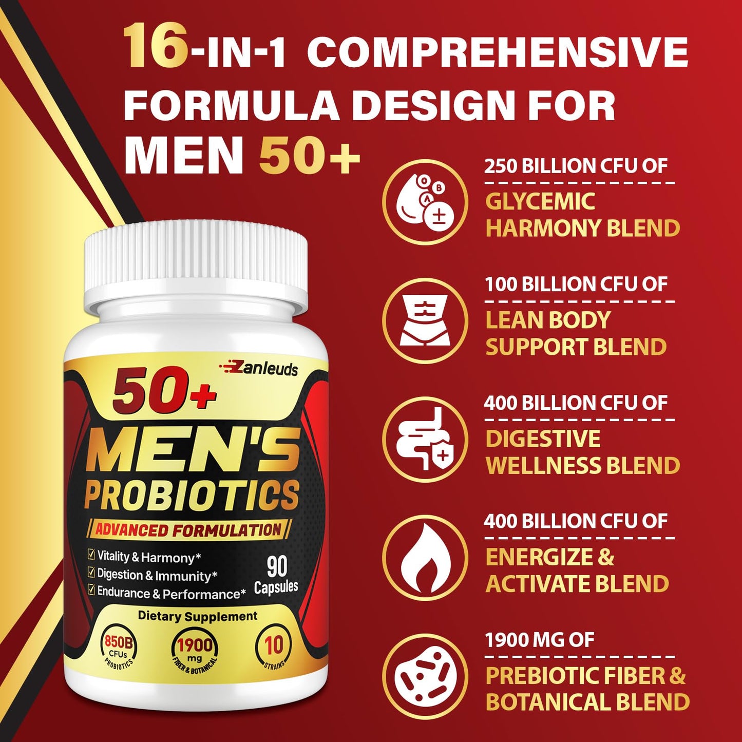 Zanleuds Probiotics for Men 50+, 850B CFU, Gut & Digestive Health, Immune, 180 Capsules