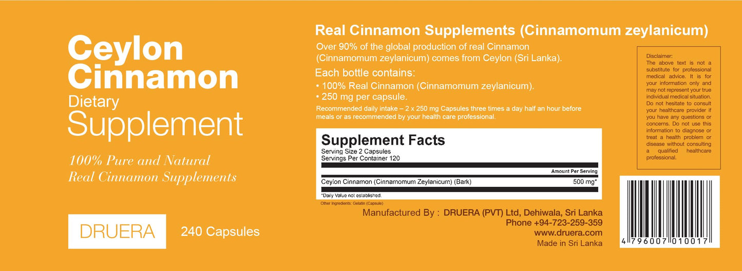 Dru Era Ceylon Cinnamon Supplements 250mg Capsules 240 Count