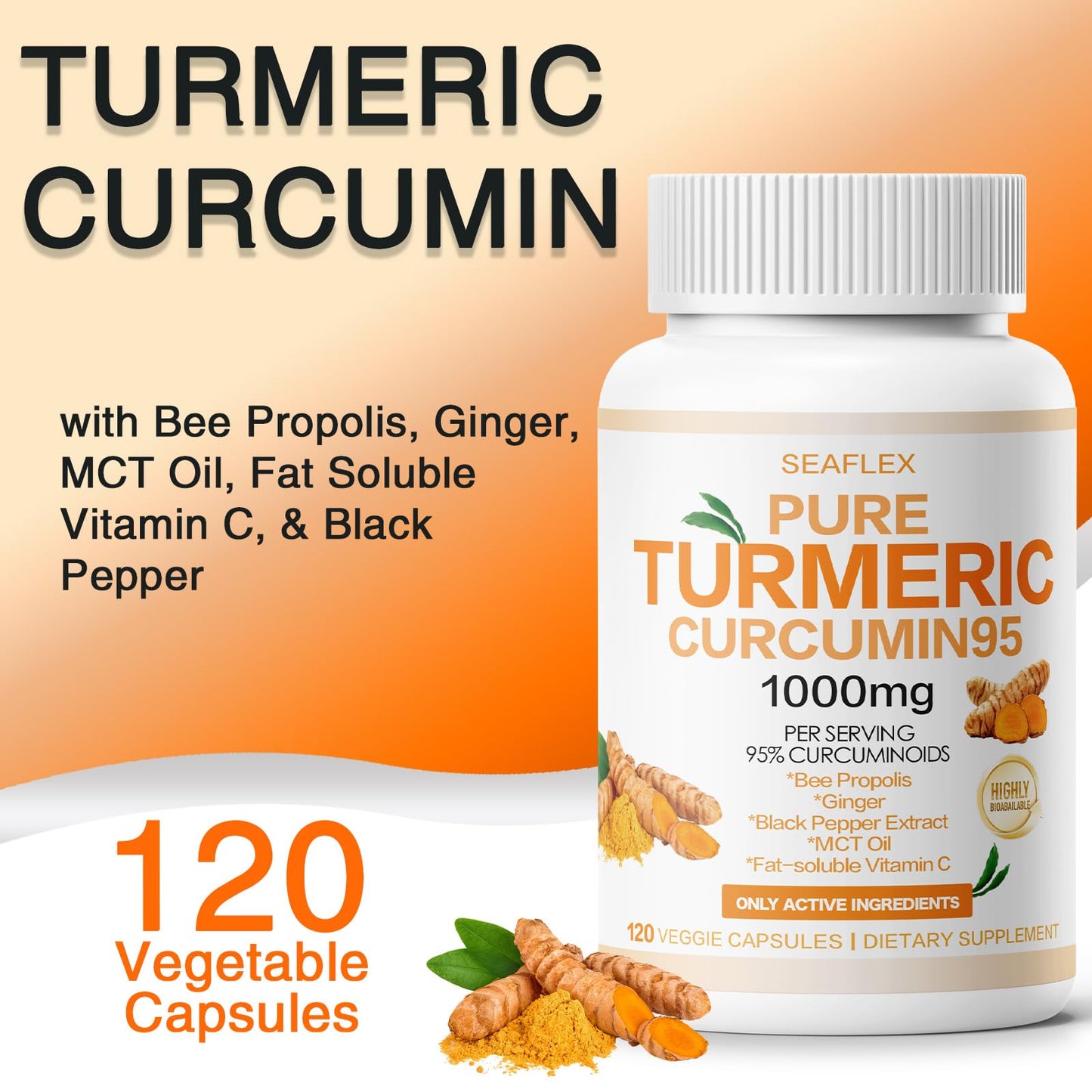 SEAFLEX Turmeric Curcumin Supplement 1000mg, 95% Curcuminoids with Bee Propolis, 240 Capsules