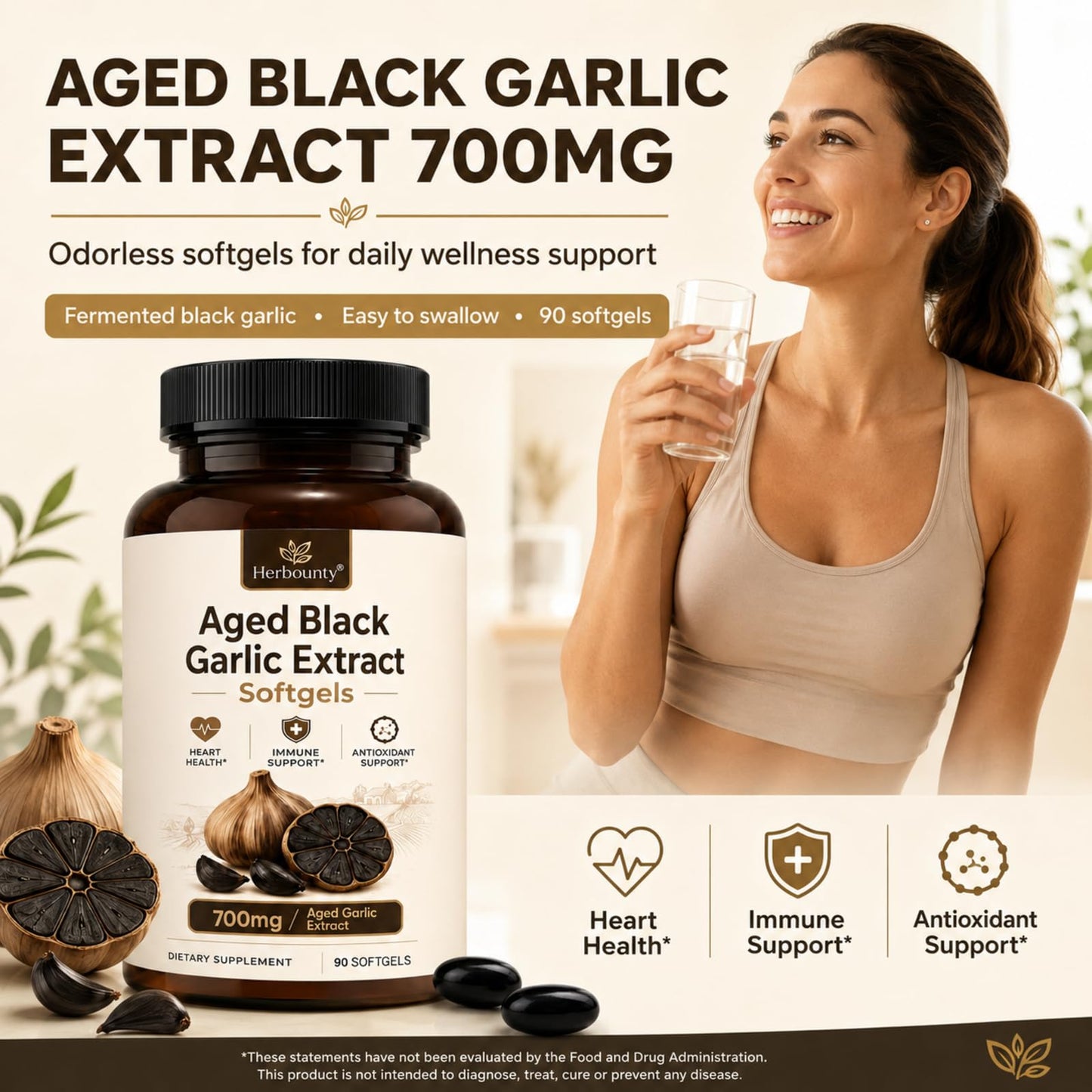 Herbounty Odorless Fermented Aged Black Garlic Extract 700mg Capsule 90 Count
