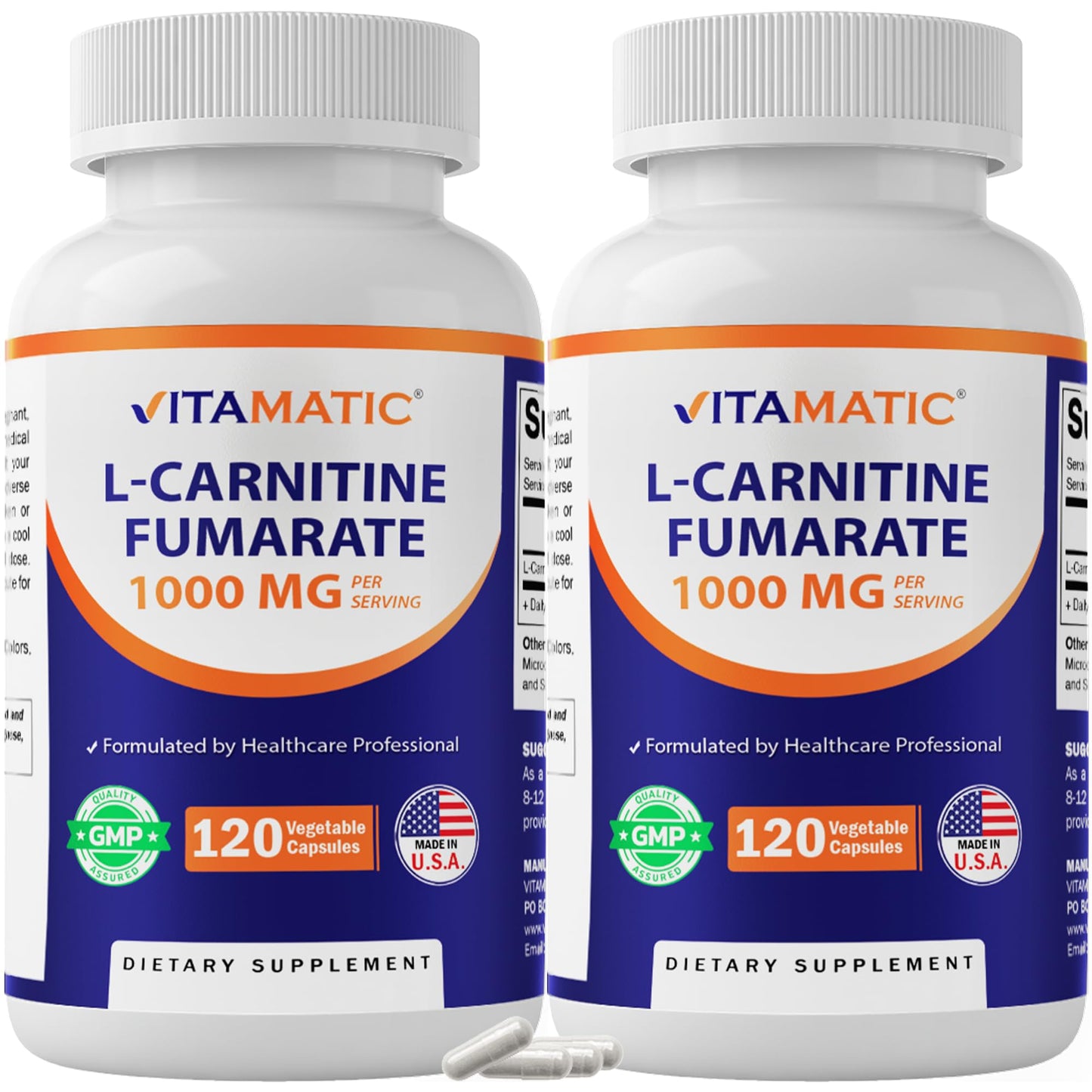 Vitamatic L-Carnitine Fumarate 1000 mg Capsules, 120 Count