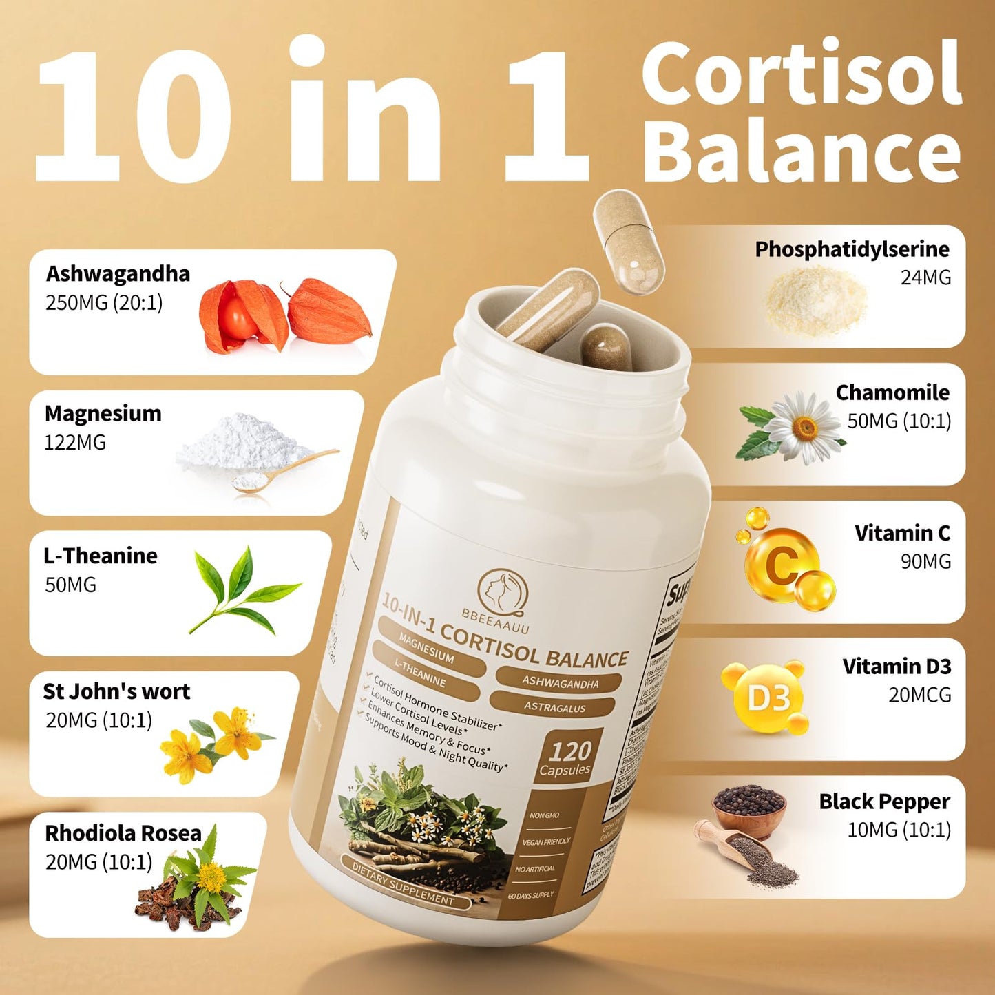 BBEEAAUU 10-in-1 Cortisol Manager with Ashwagandha Capsules 240