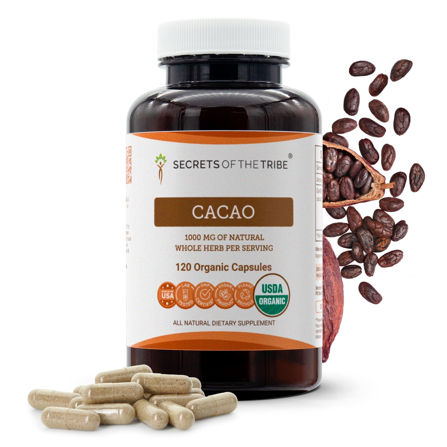 Secrets of the Tribe Cacao 1000 mg Capsules, 120 Count