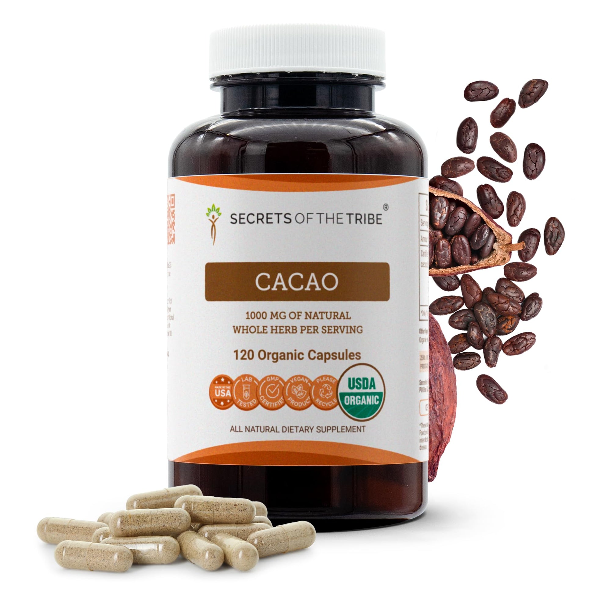 Secrets of the Tribe Cacao 1000 mg Capsules, 120 Count
