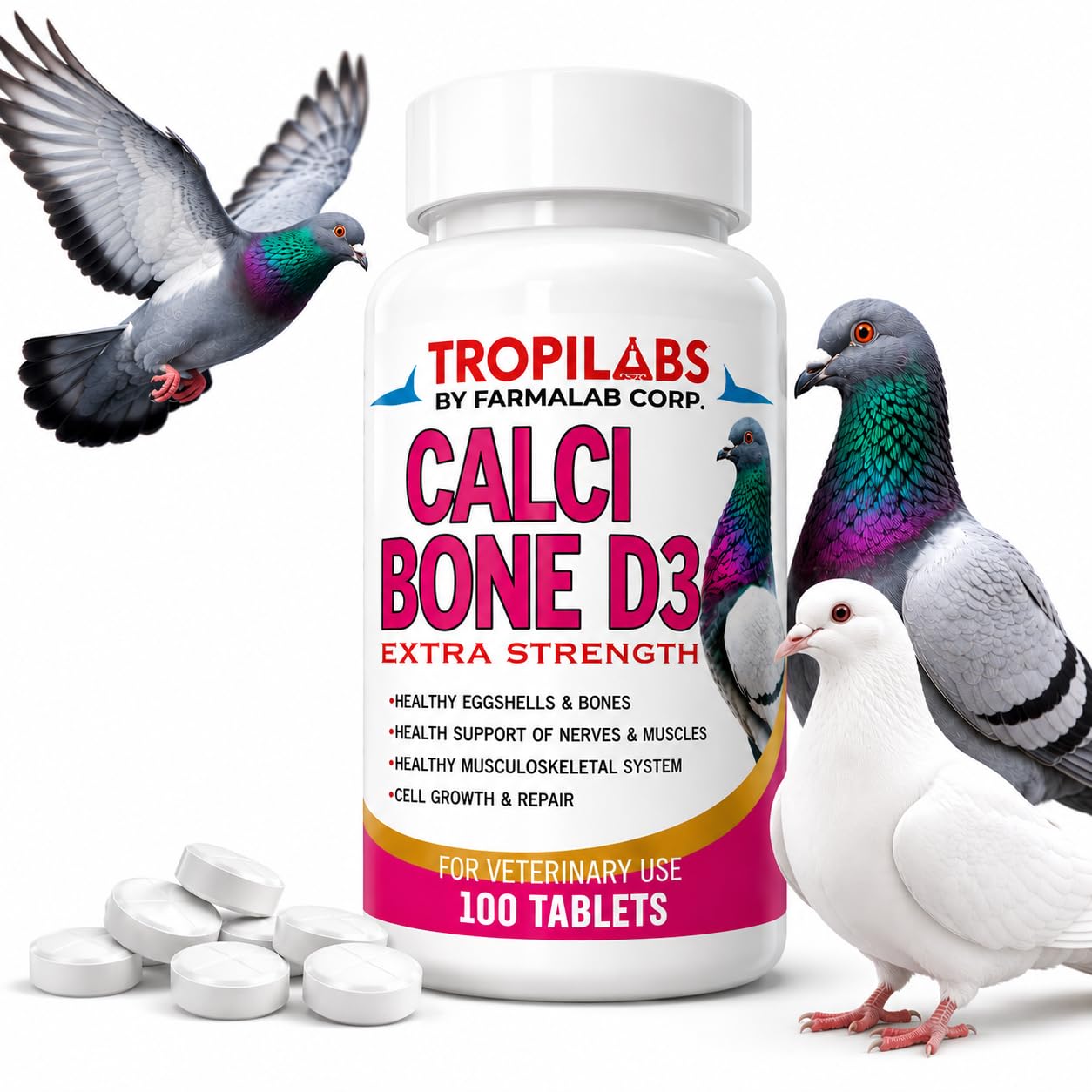 Generic Farmalab Calcium Bone D3 Extra Strength Calcium Supplement for Pigeons, 100 Tablets