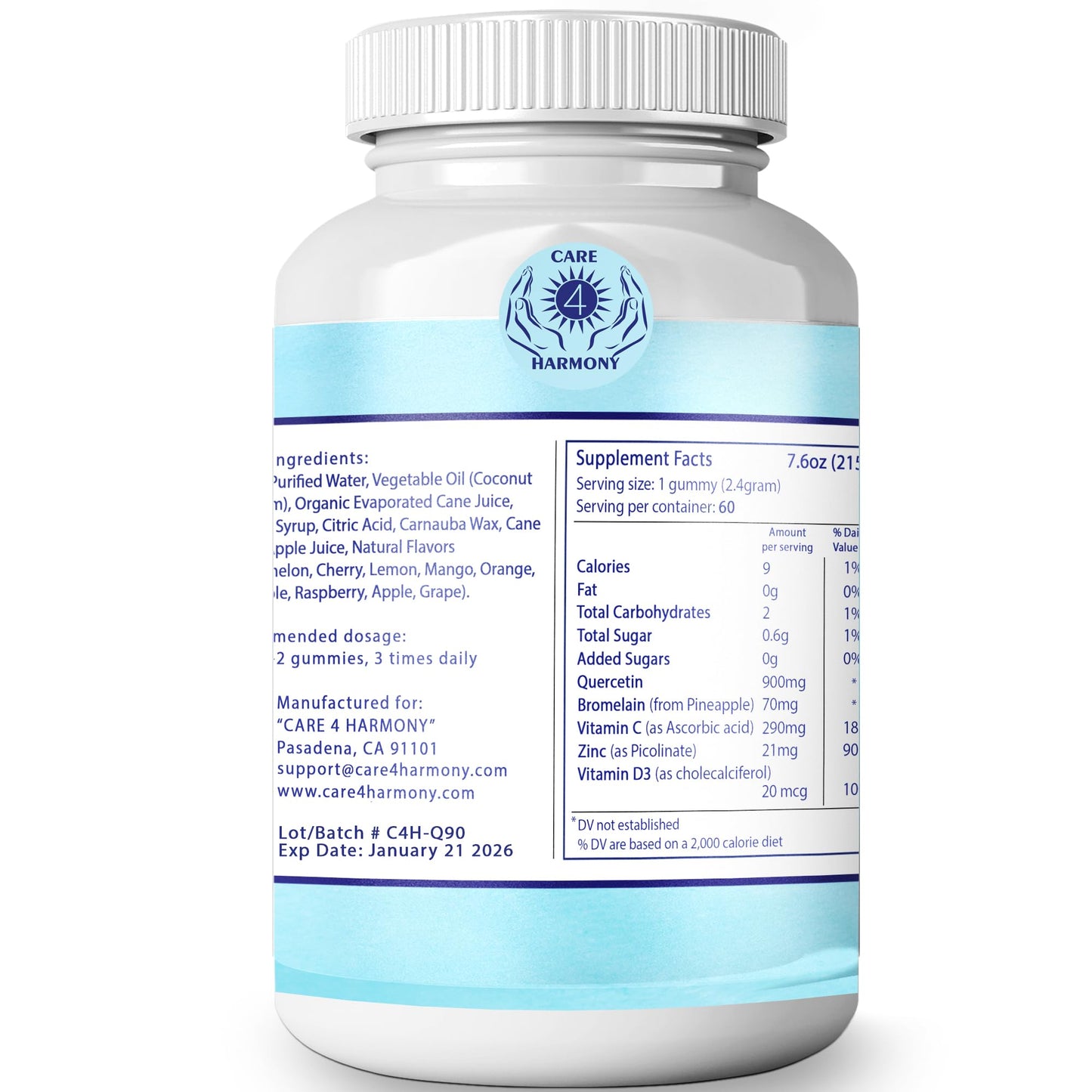 CARE 4 HARMONY Quercetin Gummies with Bromelain, Vitamin C, Zinc, Vitamin D3 – Quercetin 900mg, Chewable, 120 Gummies