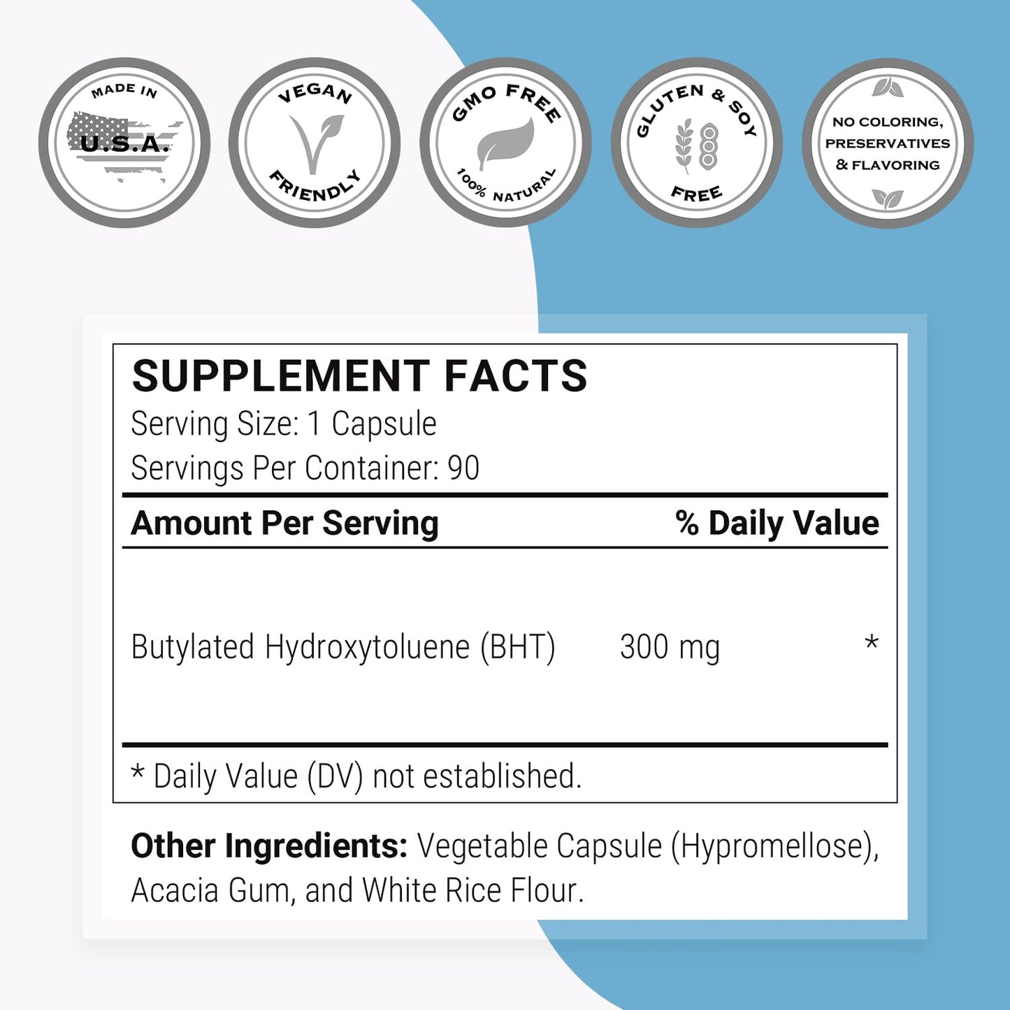 Supersmart BHT 300 mg Per Day Butylated Hydroxytoluene Antioxidant & Immune Support Anti-Aging Supplement Capsule, 90 Count