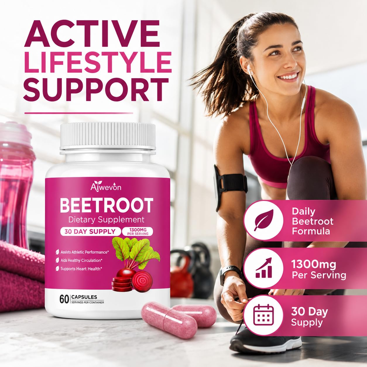 Aiwevon Organic Beet Root Capsules 1300mg per Serving – Non-GMO Beetroot Supplement for Circulation, Heart Health & Energy Support – Easy-to-Swallow Veggie Capsules, 60 Count
