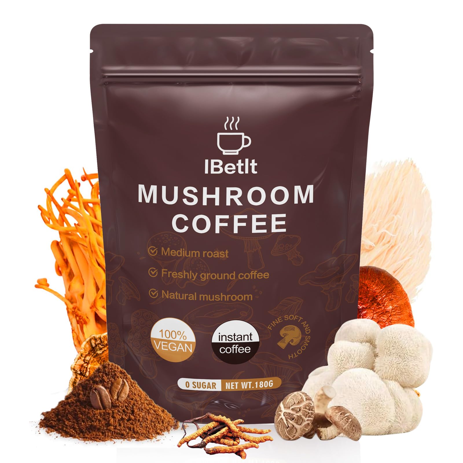 IBetIt Organic Mushroom Coffee with 6 Adaptogenic Mushrooms (Cordyceps, Reishi, King Trumpet, Shiitake, Turkey Tail, Lion's Mane) Powder, Enhanced Energy, Focus & Immunity, 6.5 oz