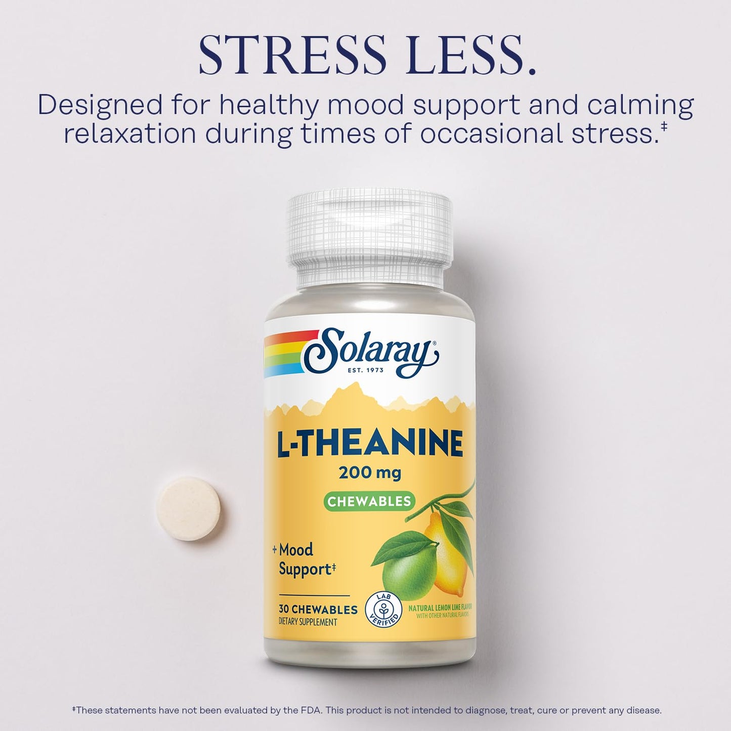 SOLARAY L-Theanine 200mg with Vitamin B6 Mood Support Chewables, 30 Count