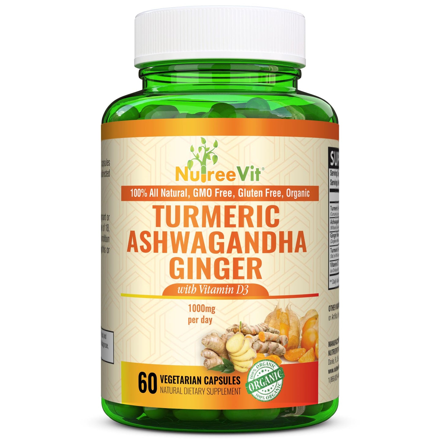 NutreeVit Turmeric Ashwagandha Ginger Vitamin D3 Capsule, 60 Count