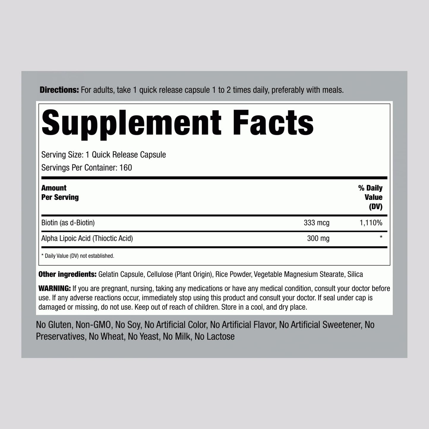 Piping Rock Alpha Lipoic Acid 300mg Plus Biotin Optimizer, 160 Capsules