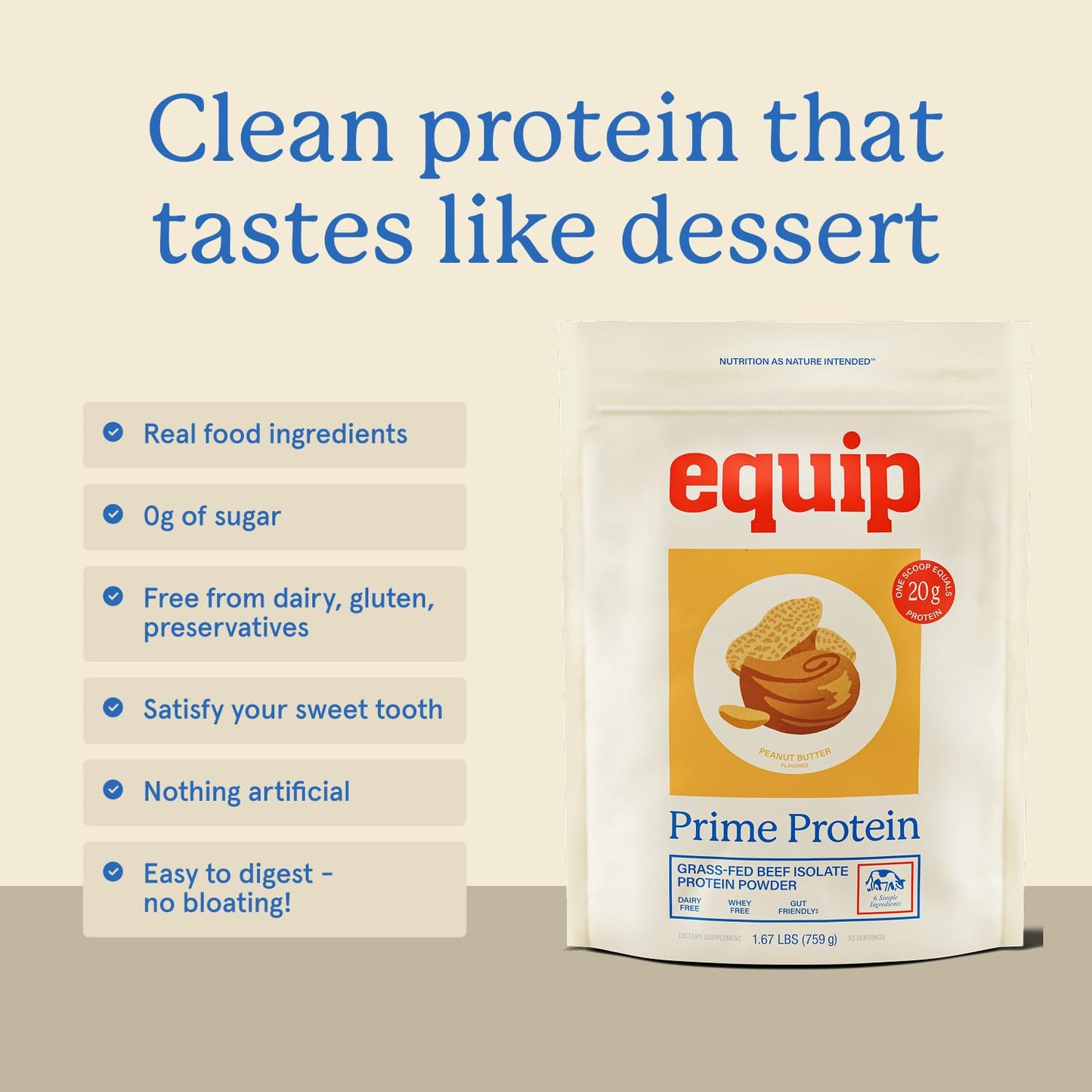 Equip Prime Protein Powder - Beef Protein Isolate, Grass-Fed, Carnivore, Paleo & Keto Friendly, Gluten & Dairy Free - 30 Servings, Peanut Butter
