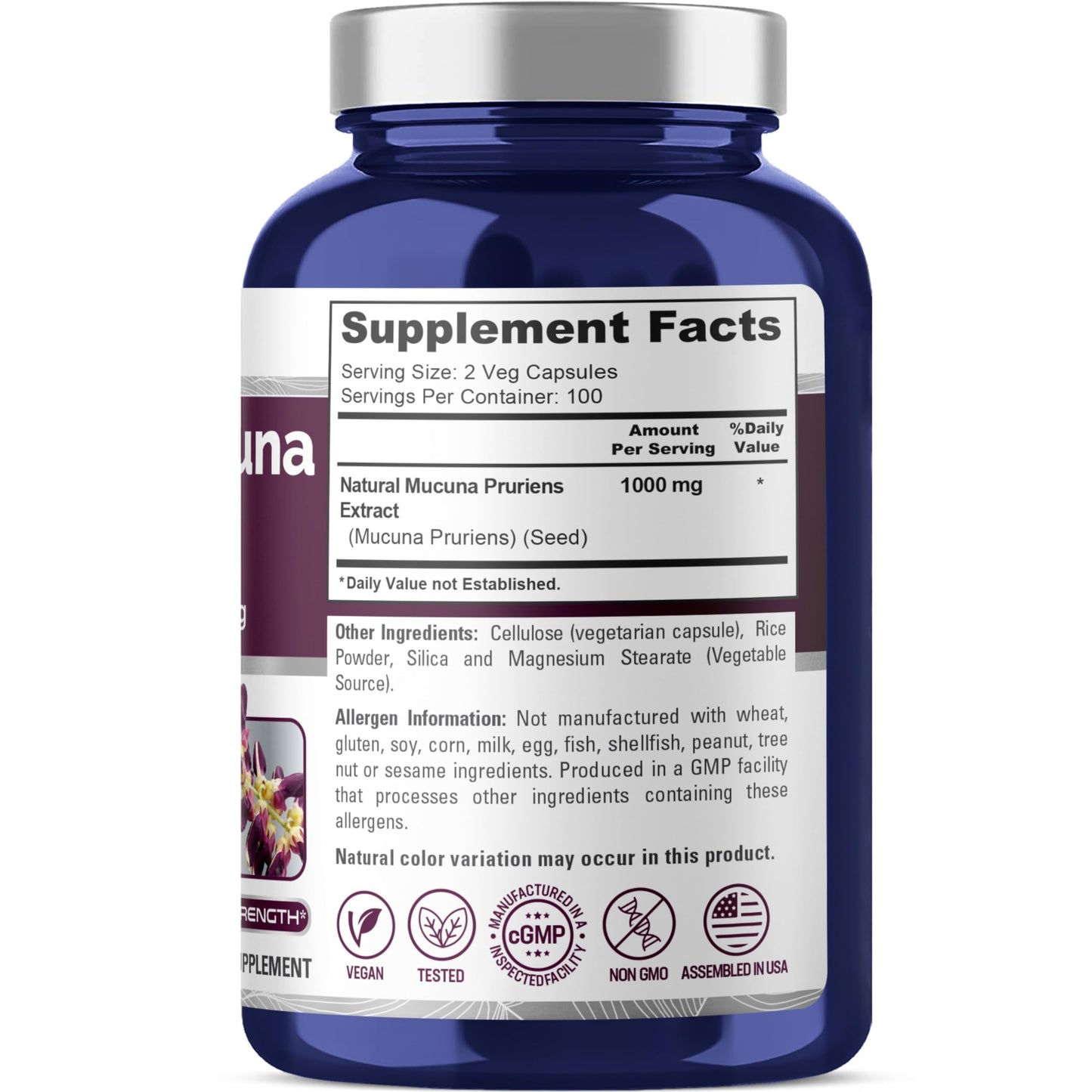 NusaPure Mucuna Pruriens 1000mg Capsules 200 Count