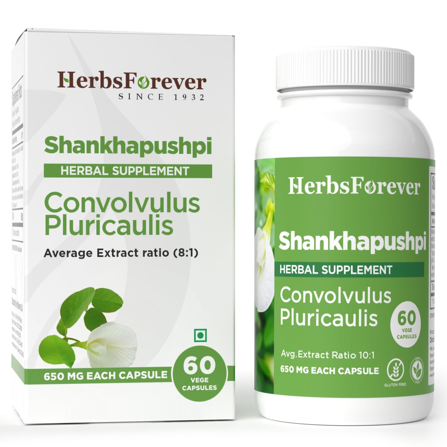 Herbsforever Shankhpushpi (Convolvulus pluricaulis) Extra Strength (20:1) Extract, Equiv. to 4580mg Plant Powder per Serving, Brain Tonic & Cognitive Focus, 60 Veg Capsules