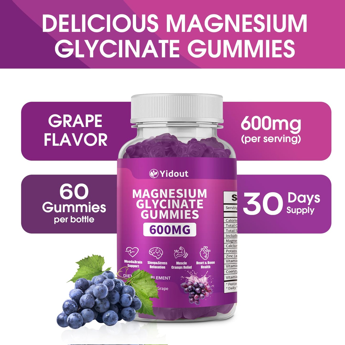 Yidout Magnesium Glycinate Gummies 600mg, 60 Count