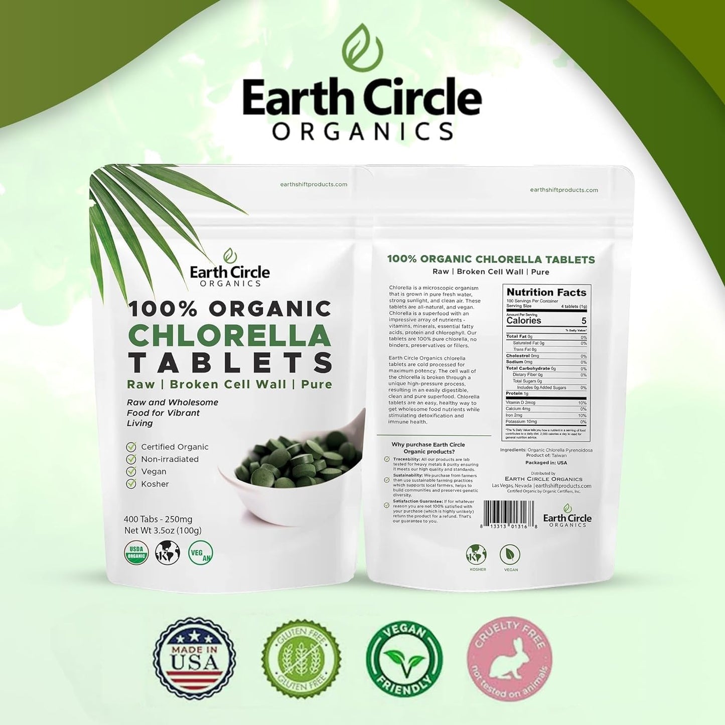 Earth Circle Organics Chlorella Tablets 400 (Pack of 2)