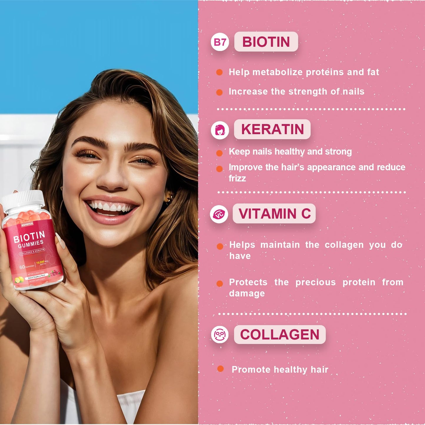 Esverco Biotin 10000mcg Keratin Collagen Gummies Hair Nail Vegan Raspberry 60 Count