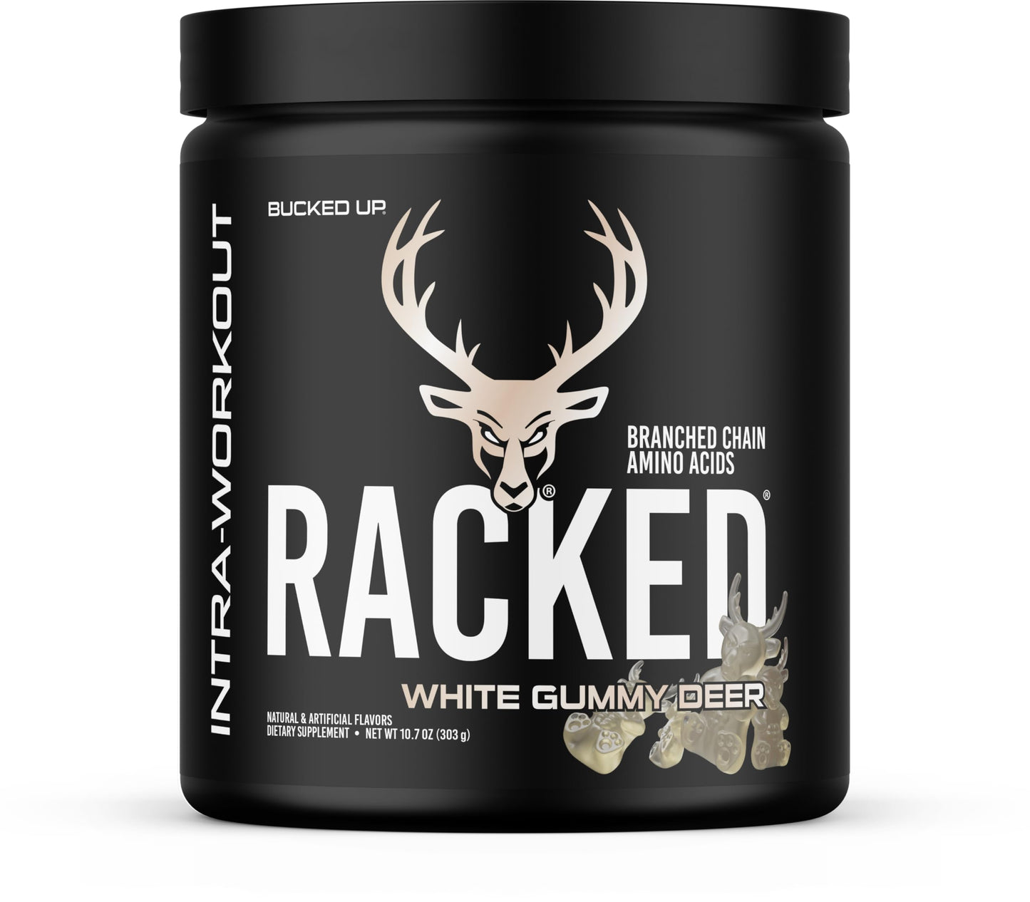 Bucked Up Racked White Gummy Deer Intra Workout BCAA 2-1-1 Formula with L-Carnitine Acetyl-L-Carnitine Taurine and L-Tyrosine Powder 10.7 Ounces