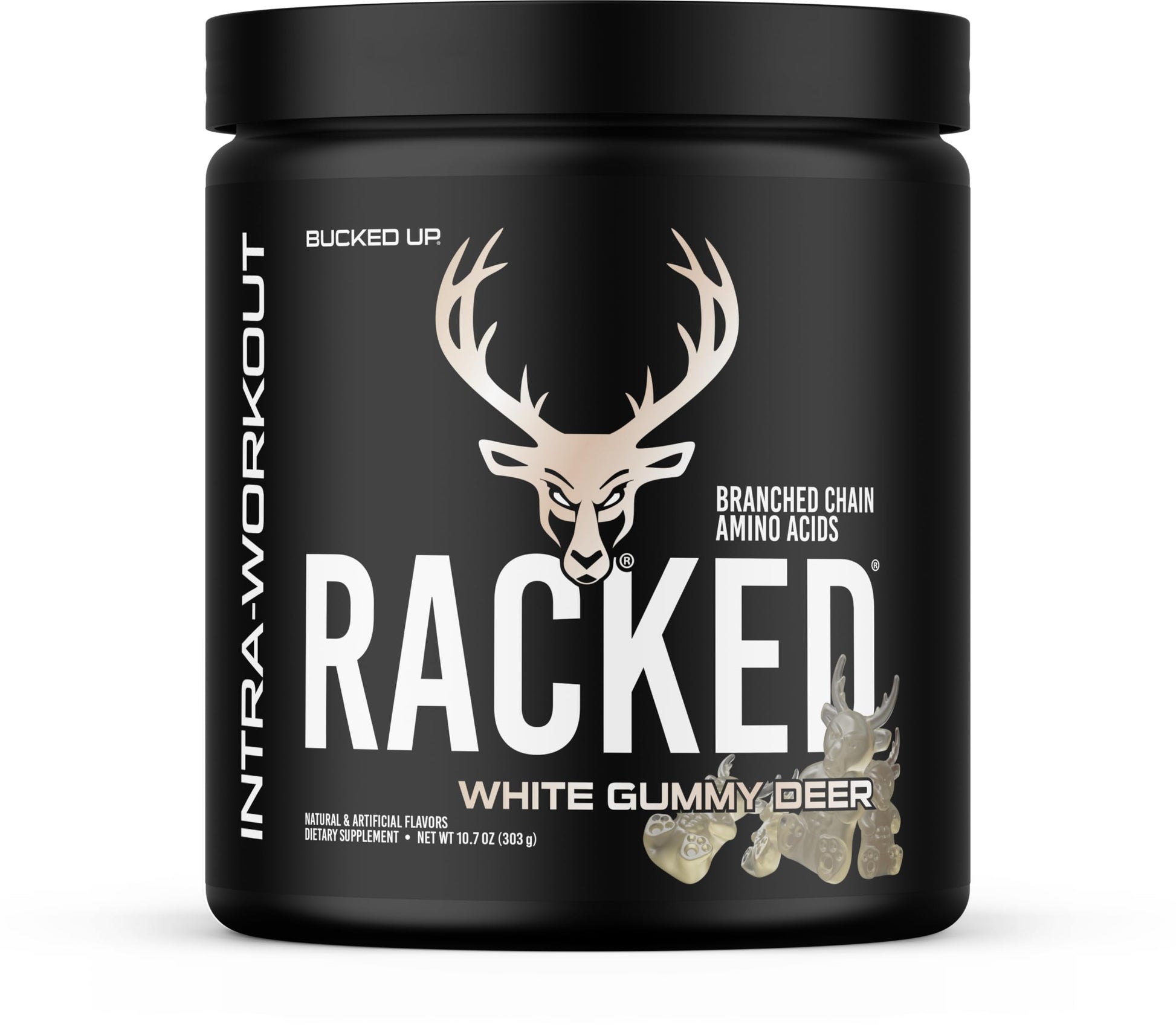 Bucked Up Racked White Gummy Deer Intra Workout BCAA 2-1-1 Formula with L-Carnitine Acetyl-L-Carnitine Taurine and L-Tyrosine Powder 10.7 Ounces