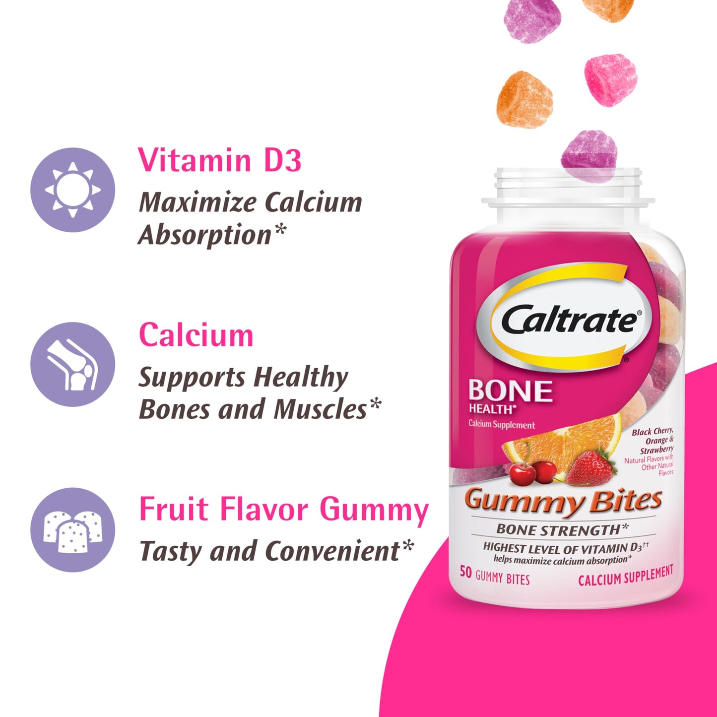 Caltrate Gummy Bites Calcium and Vitamin D Supplement, 500 mg, 100 Count