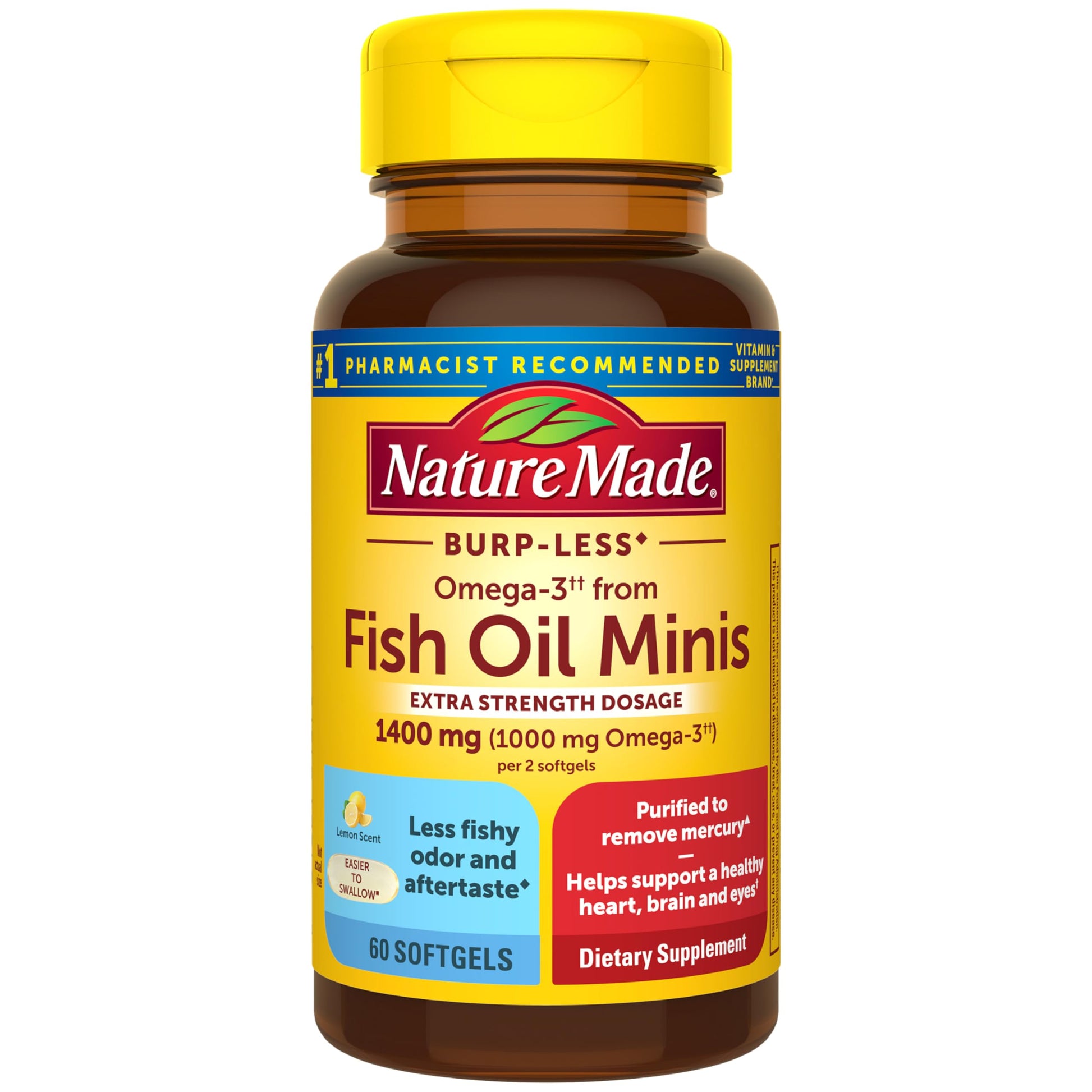 Nature Made Burp Less Fish Oil Omega-3 Softgels, 60-count