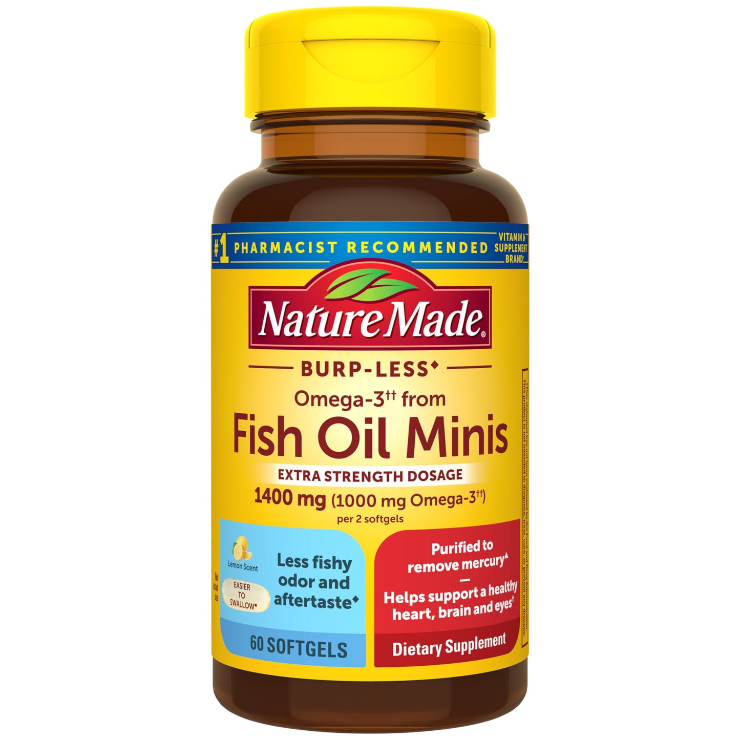 Nature Made Extra Strength Burp Less Fish Oil Omega 3 Supplements 1400 mg Minis Softgels 60