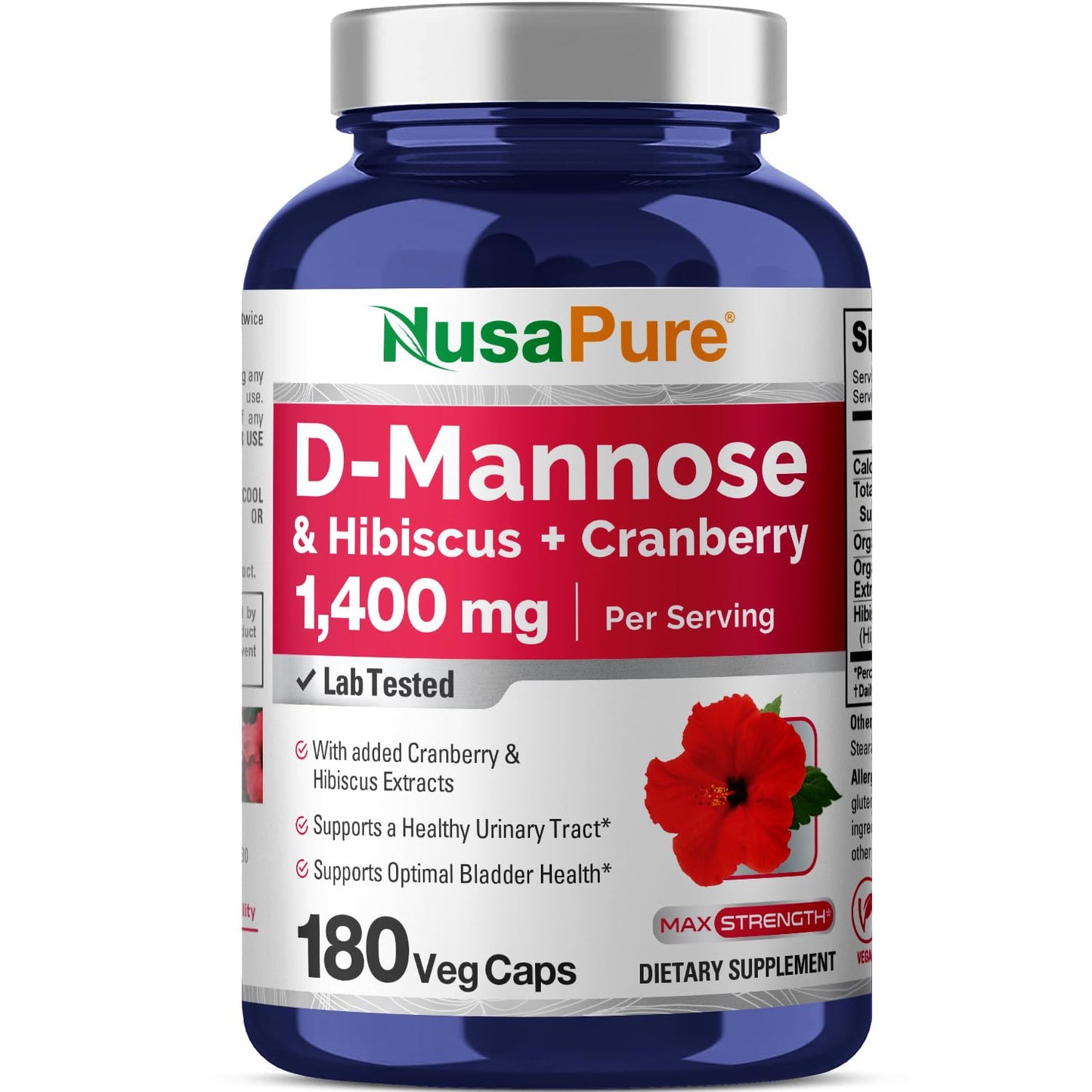 NusaPure D-Mannose, Hibiscus & Cranberry, Vegan, 1400mg, 180 Capsules