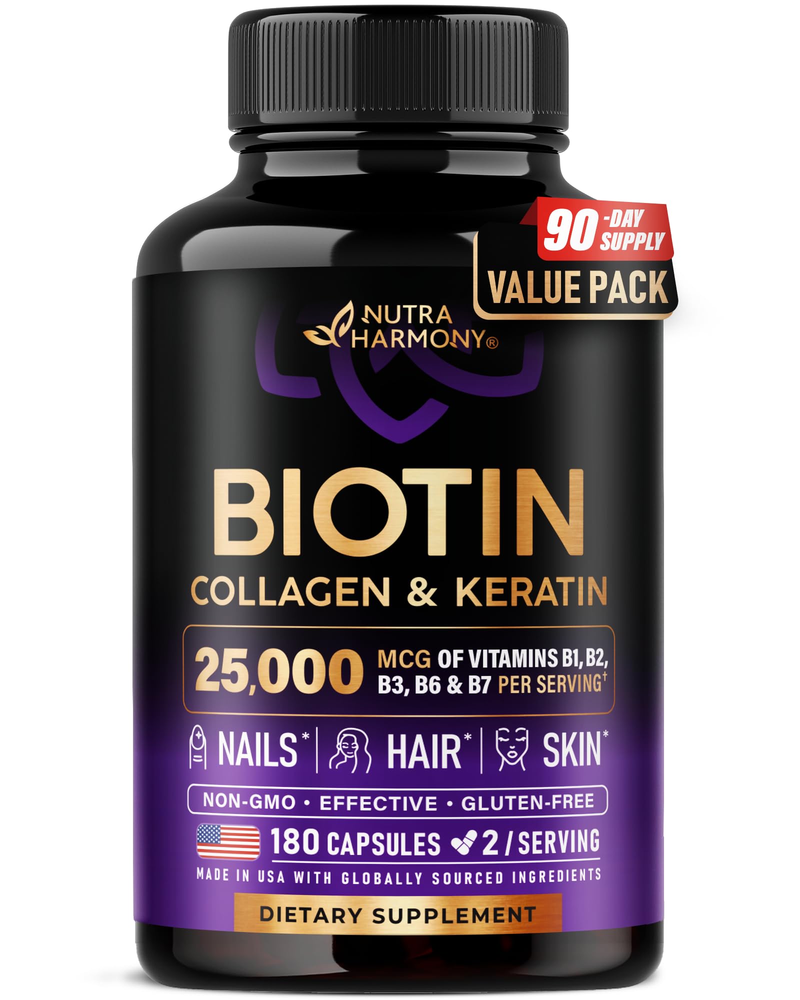 NUTRAHARMONY Biotin Collagen Hyaluronic Acid Keratin Hair, Skin & Nails Support Capsules, 180 Capsules