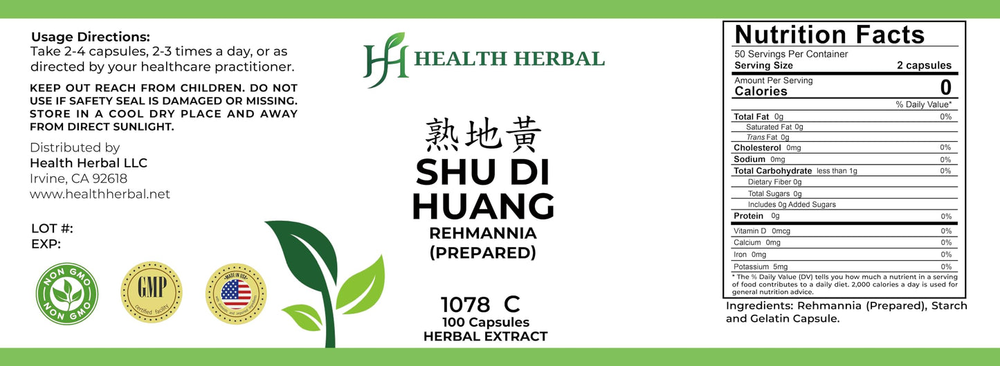 Health Herbal Shu Di Huang/Rehmannia (Prepared) Capsules 100