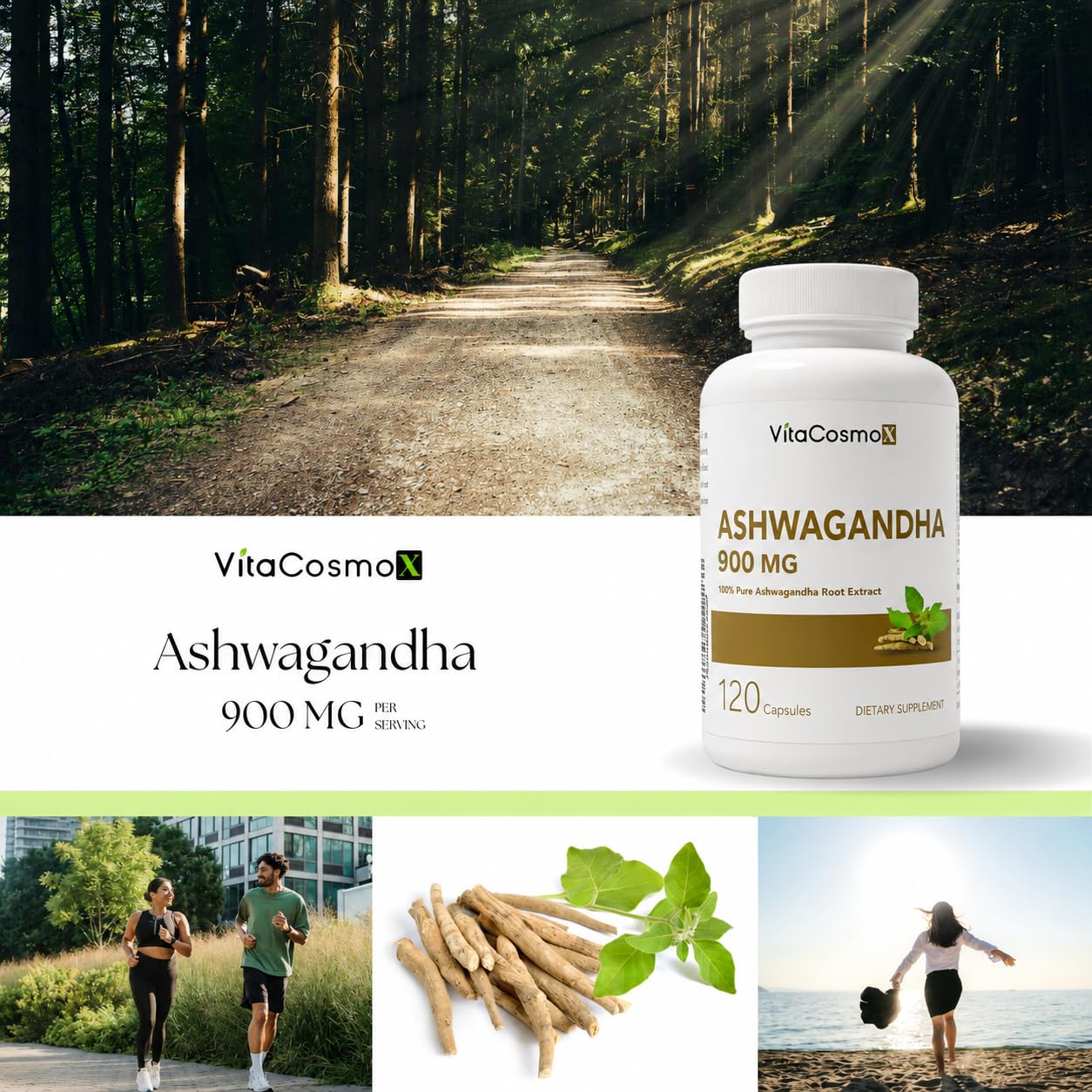 VitaCosmoX Ashwagandha Root Extract 900 mg with Black Pepper Extract 10 mg Per Serving, 120 Vegetarian Capsules