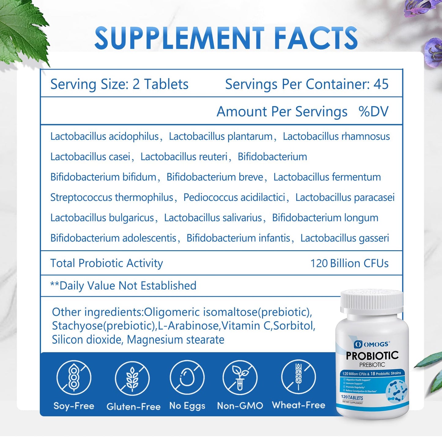 OMOGS Probiotics 120 Billion CFUs, 18 Strains, with 3 Organic Prebiotics & Vitamin C, Nutritional Supplement for Women, Men & Kids, Supports Metabolism, Immunity & Digestive Health, Non-GMO, 120 Tablets