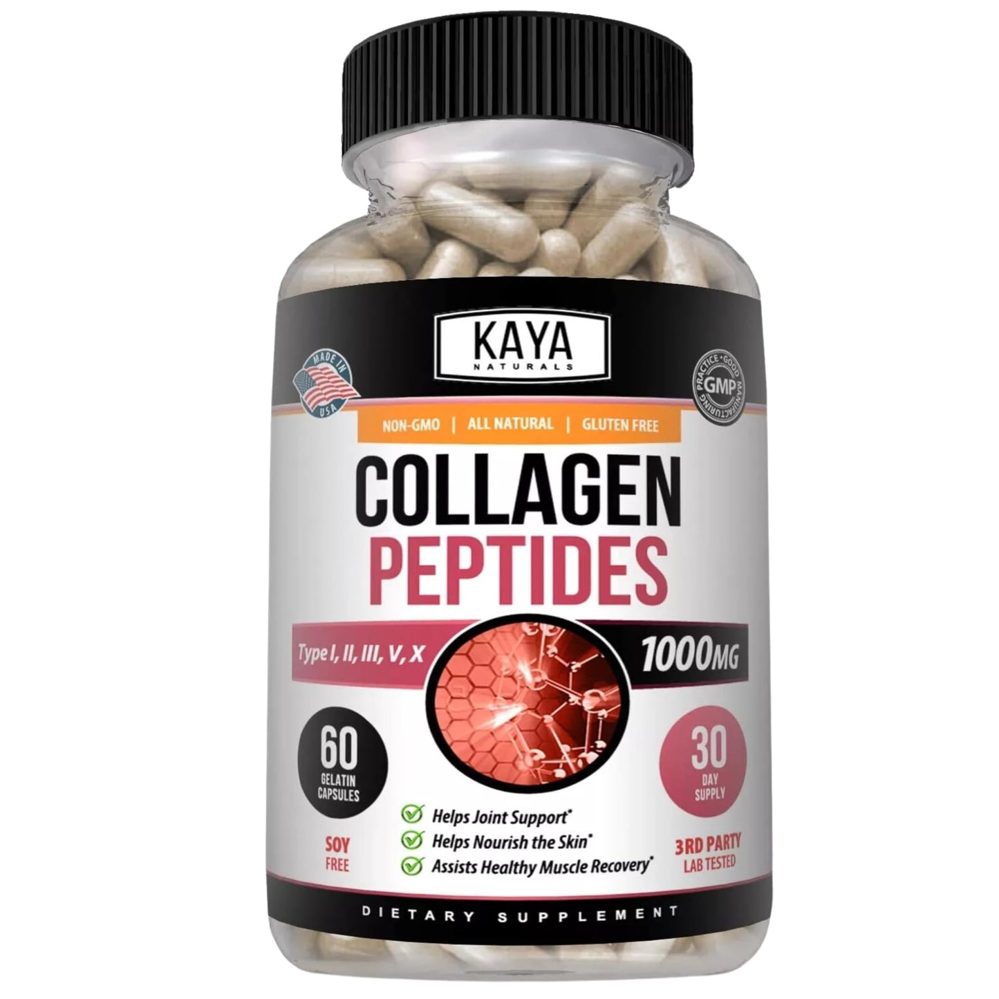 Kaya Naturals Multi Collagen Peptides Complex for Women and Men, Types I, II, III, V & X Capsules, 60 Count