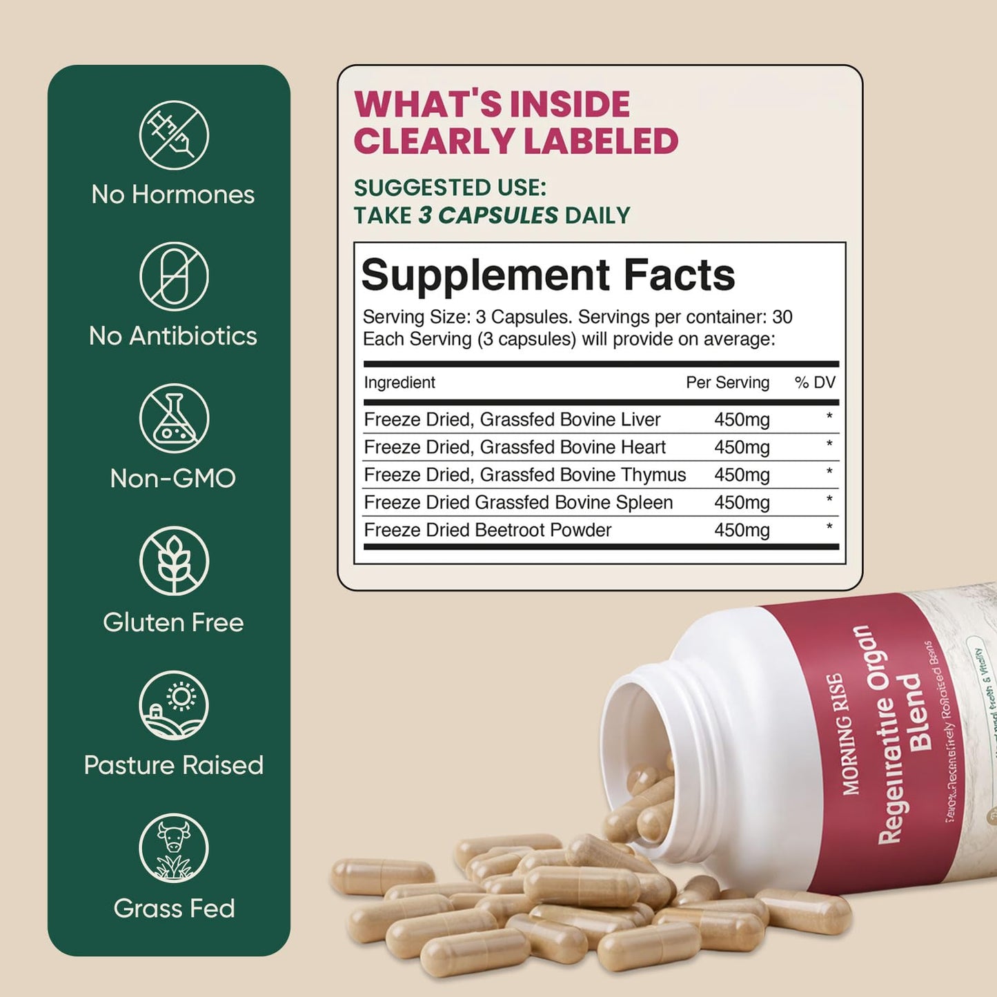 MORNING RISE Regeneratively Raised Beef Organs Capsules, 1 Count