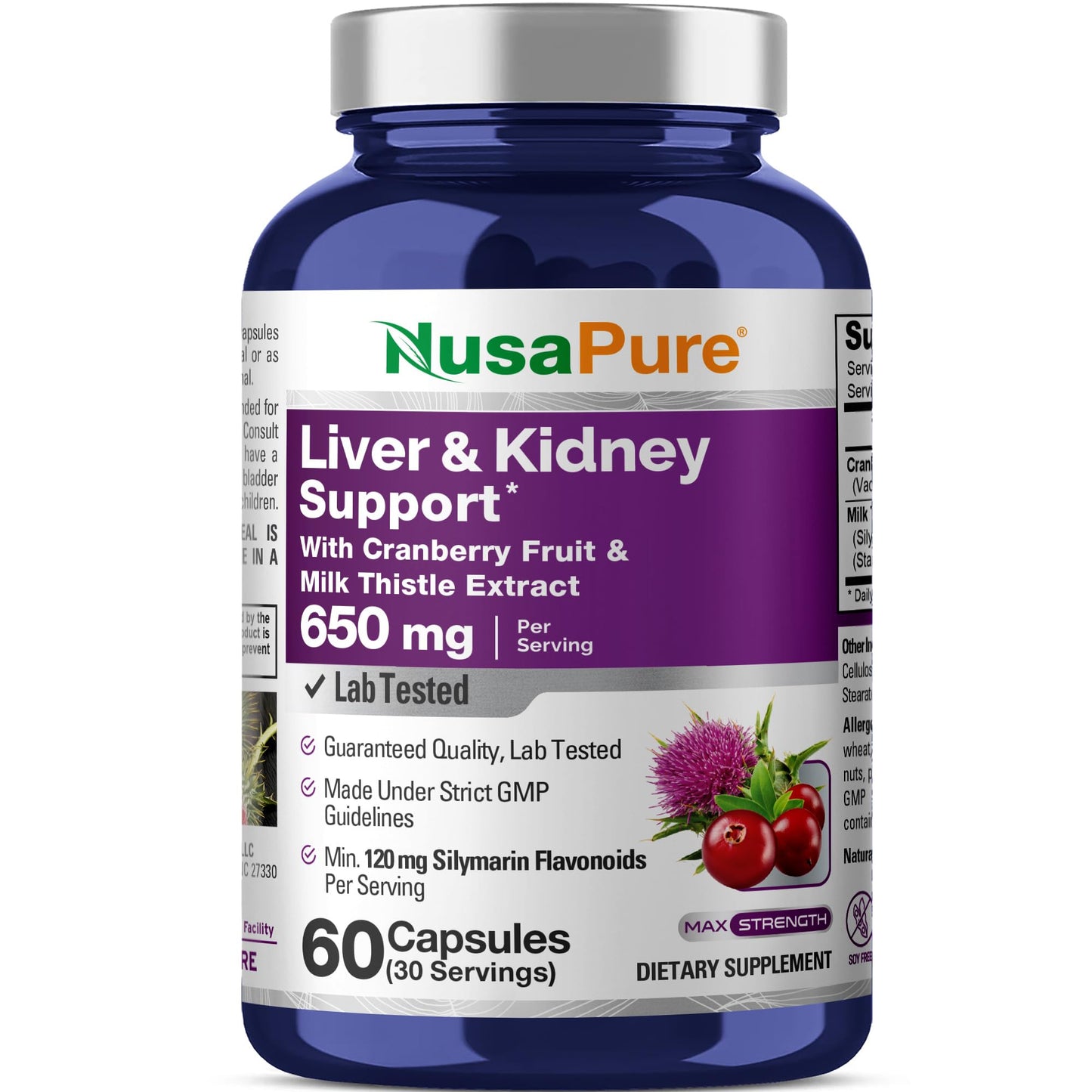 NusaPure Liver & Kidney Support with Cranberry Fruit & Milk Thistle Extract 650 mg 60 Capsules