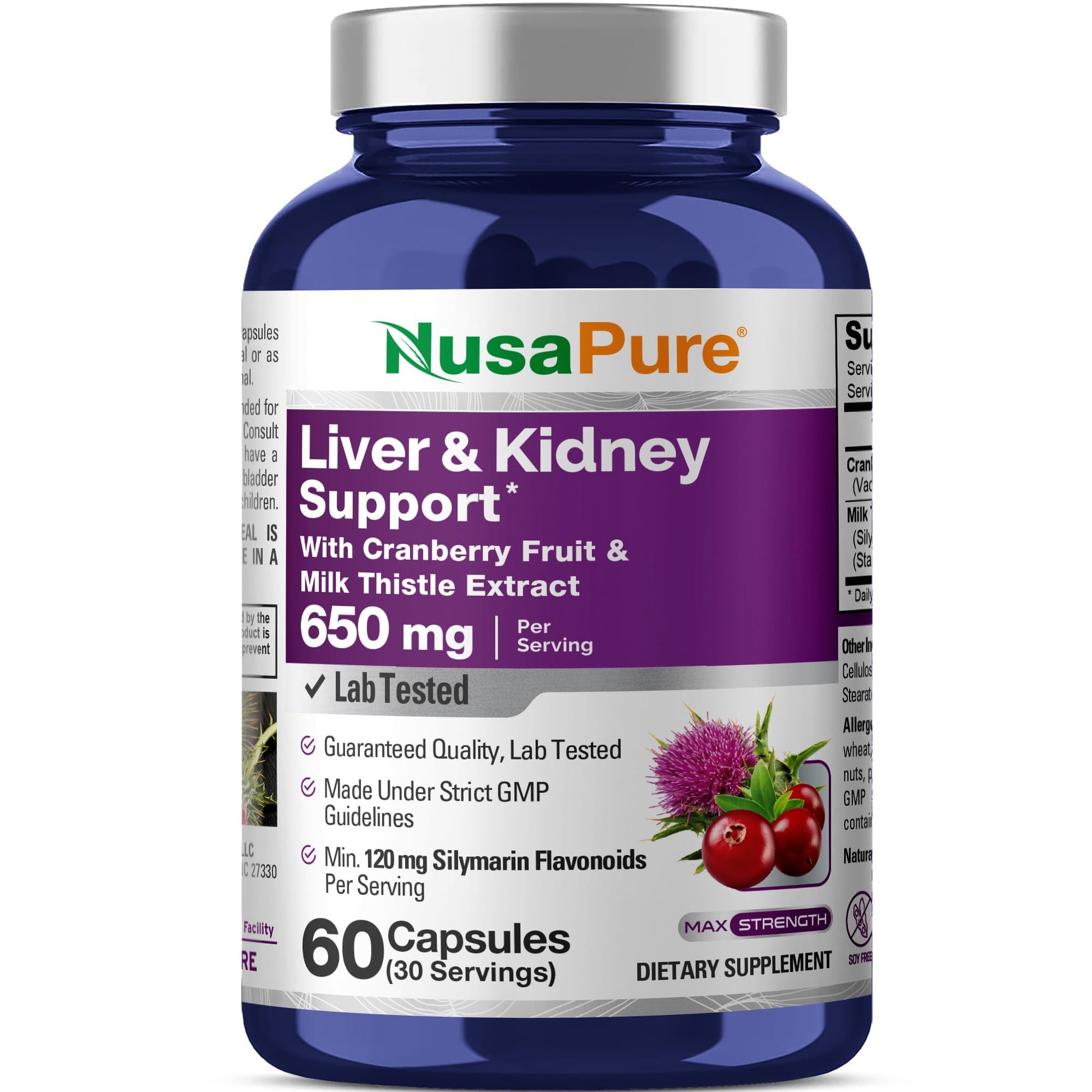 NusaPure Liver & Kidney Support with Cranberry Fruit & Milk Thistle Extract 650 mg 60 Capsules