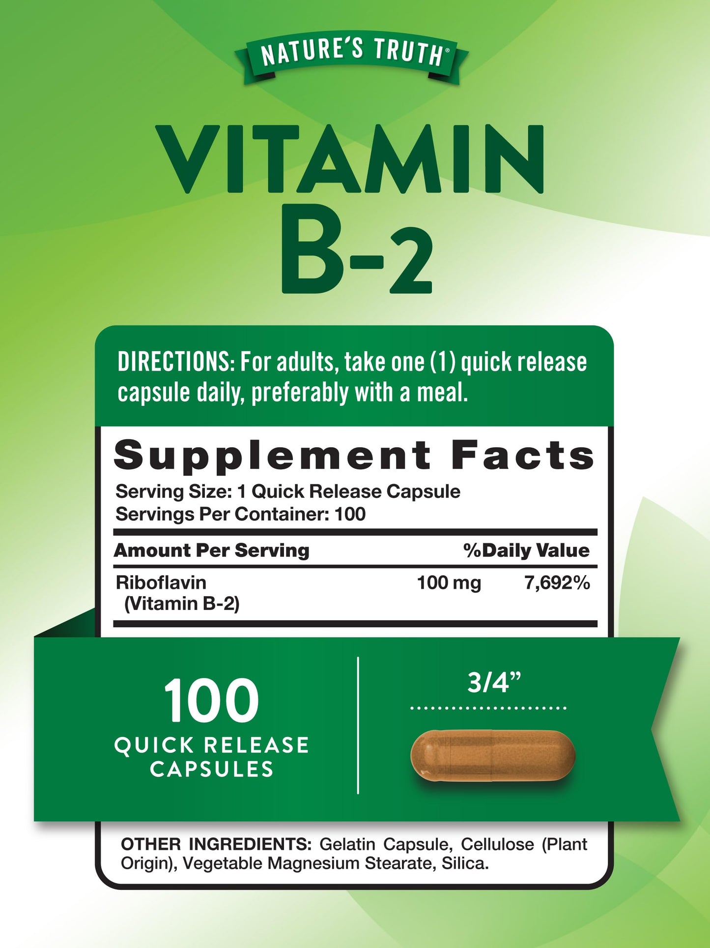Nature's Truth B2 Vitamin Riboflavin 100mg Capsules 100 Count