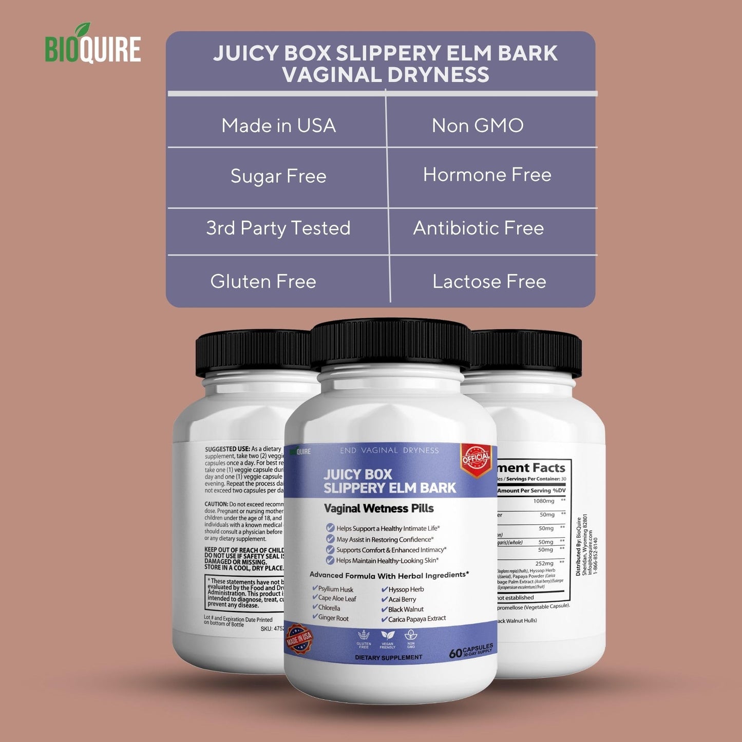 BIOQUIRE Juicy Box Slippery Elm Bark Vaginal Wellness Supplement Capsule, 60 Veggie Capsules